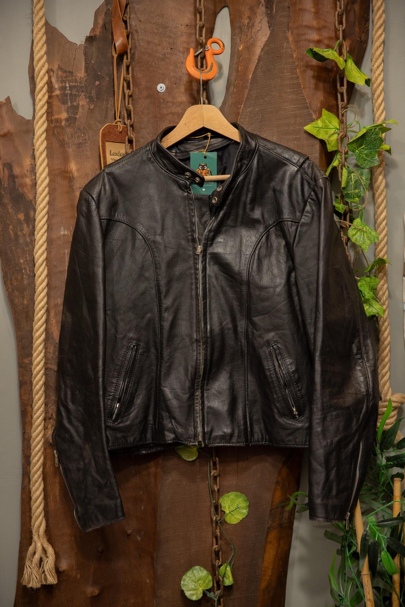 80s Black Biker Eskitme Deri Ceket
