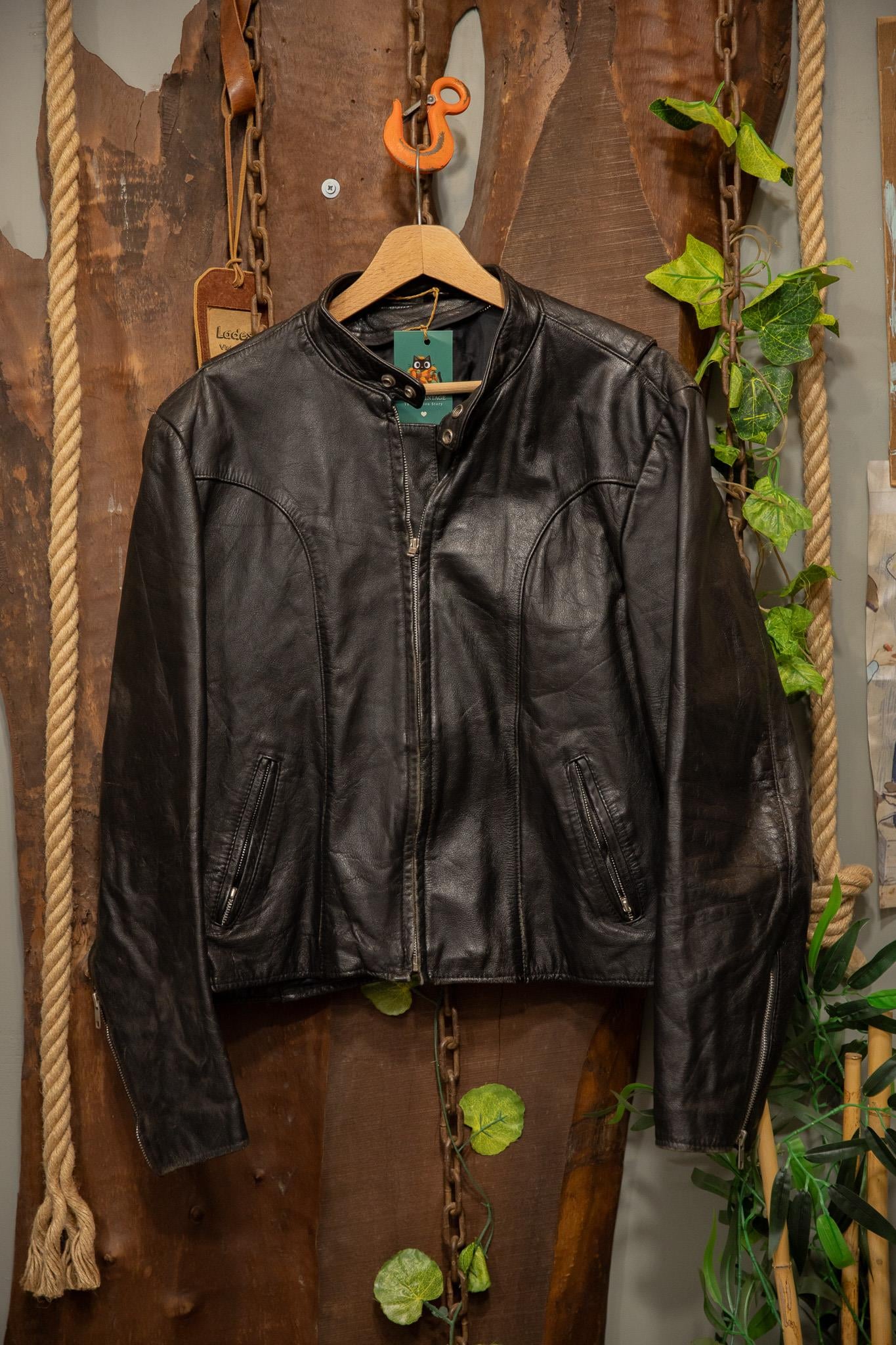 80s Black Biker Eskitme Deri Ceket