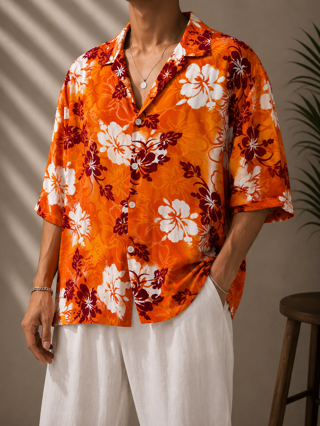 80s/90s Küba Yaka Hibiscus Gömlek