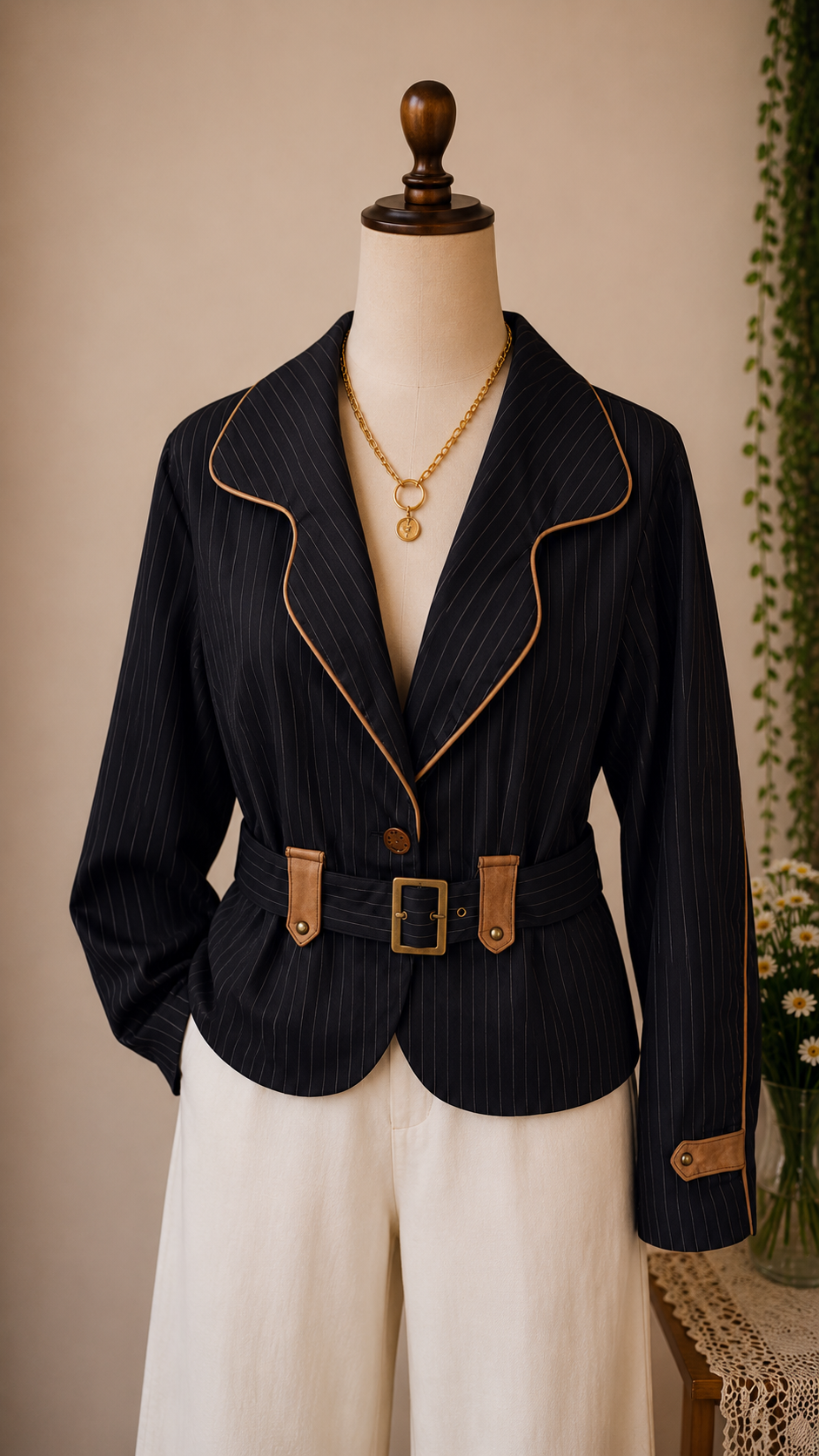 90s Belted Pinstripe Blazer Ceket