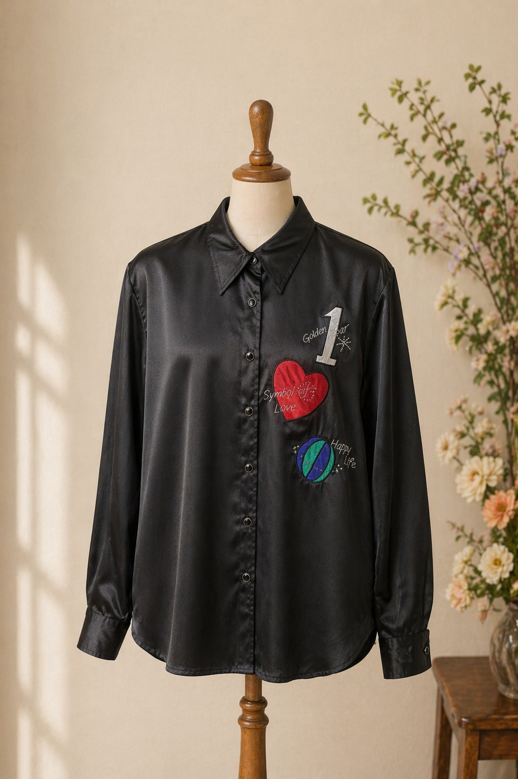 90s Black Glossy Graphic Gömlek