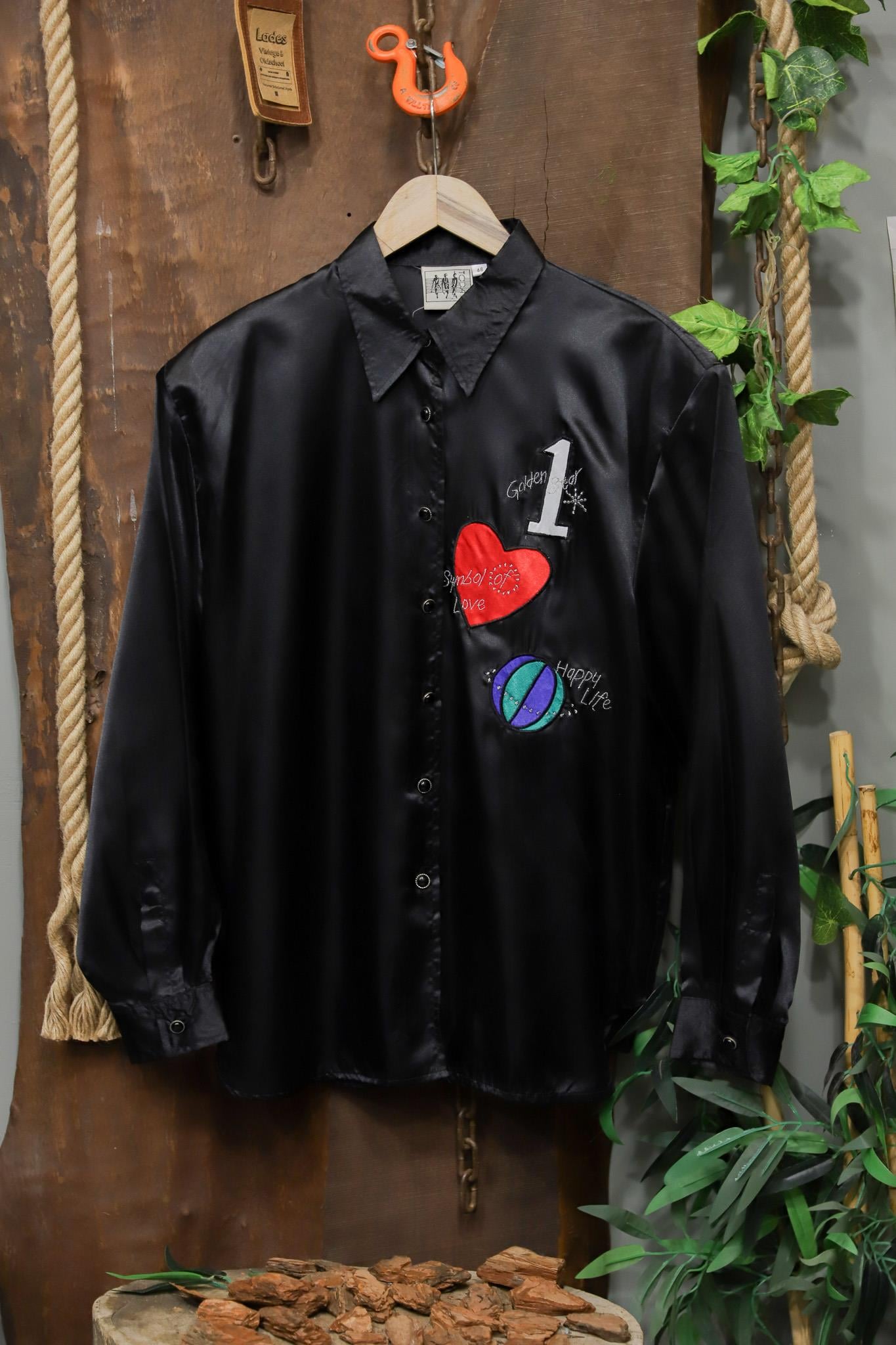 90s Black Glossy Graphic Gömlek