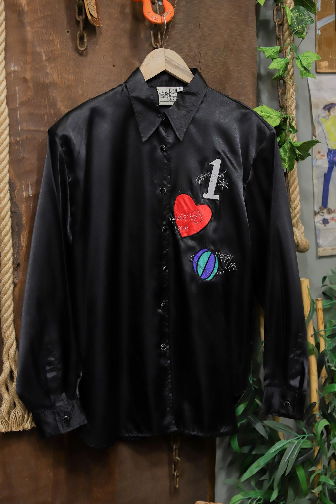 90s Black Glossy Graphic Gömlek