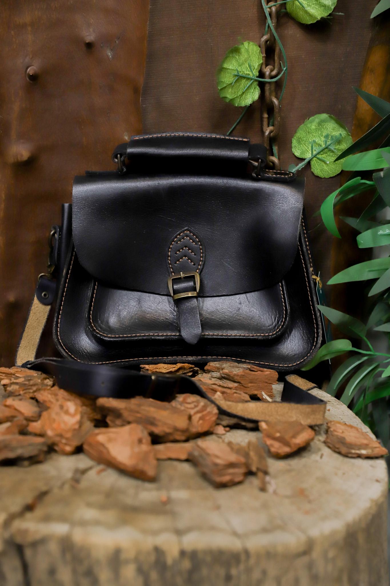 90s Black Satchel Crossbody Deri Çanta