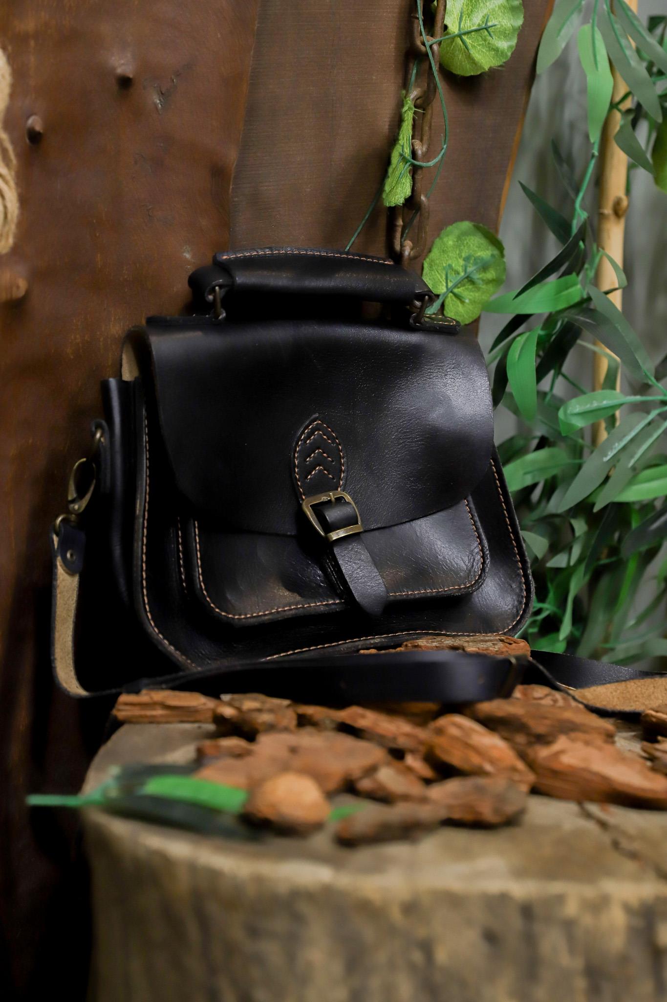 90s Black Satchel Crossbody Deri Çanta