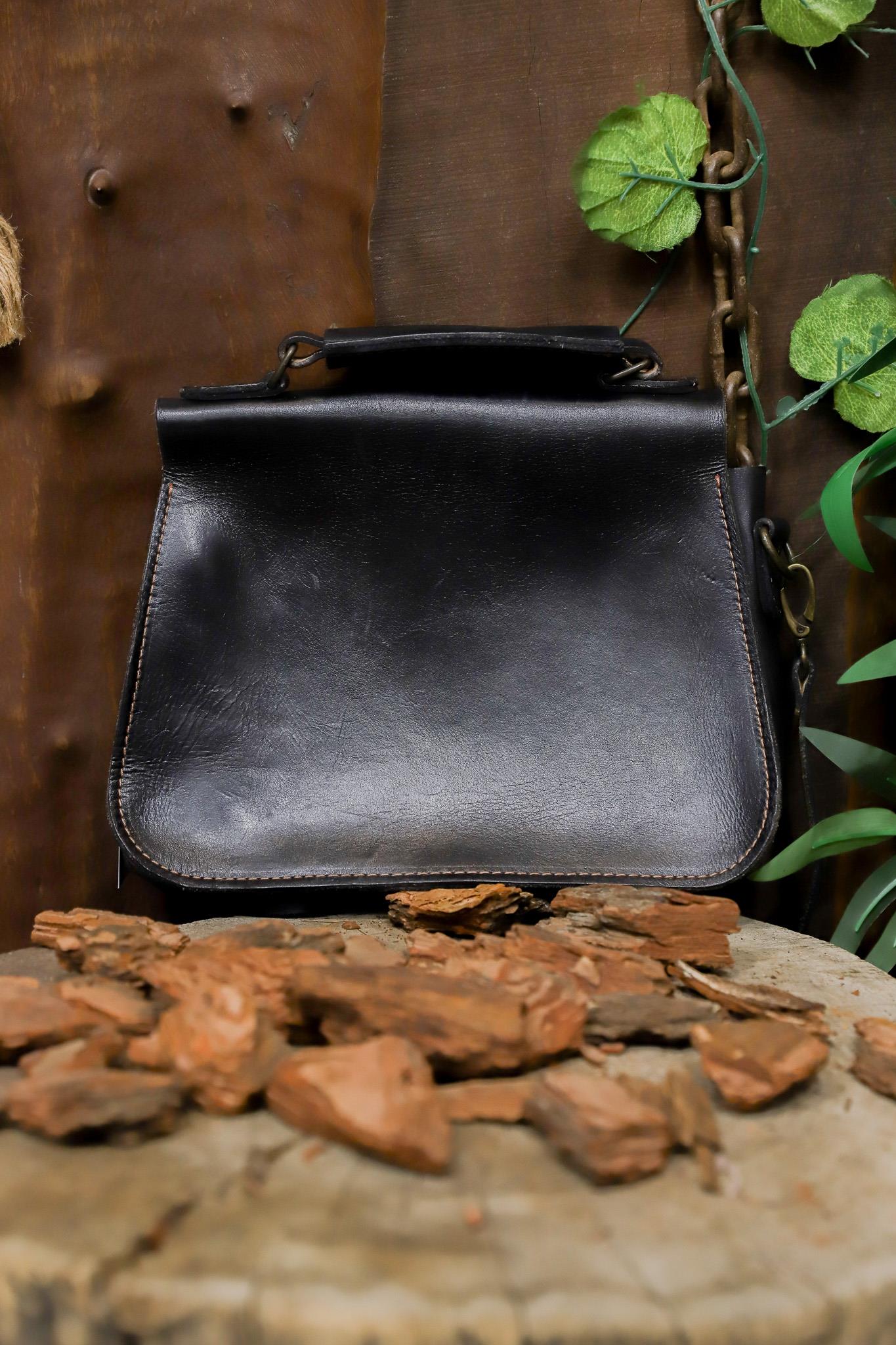90s Black Satchel Crossbody Deri Çanta