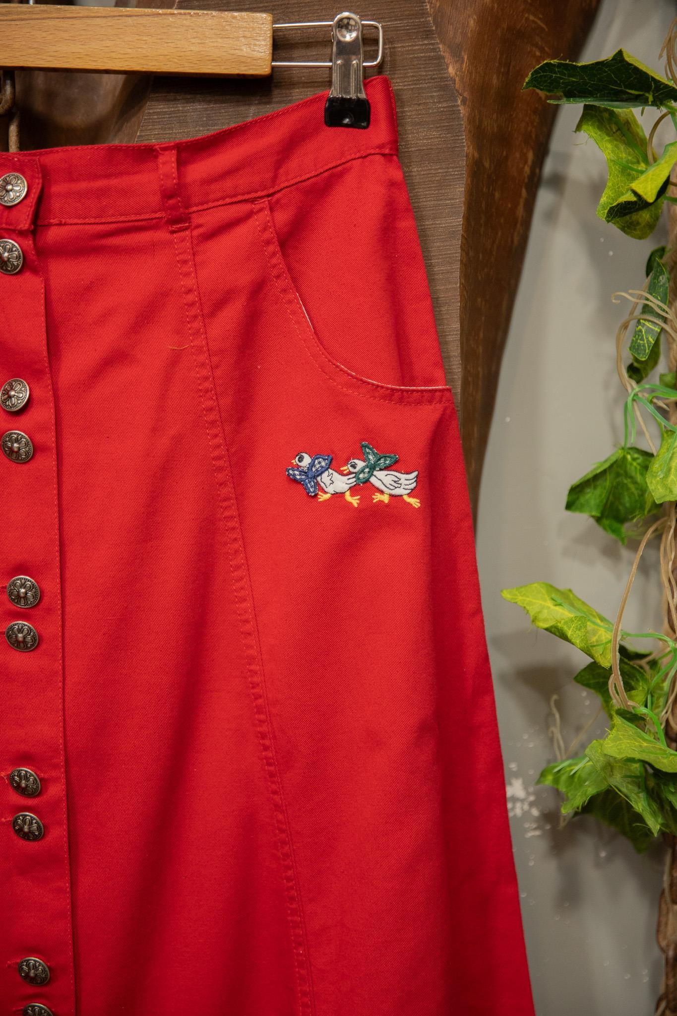 90s Cherry Red Nakışlı Canvas Etek