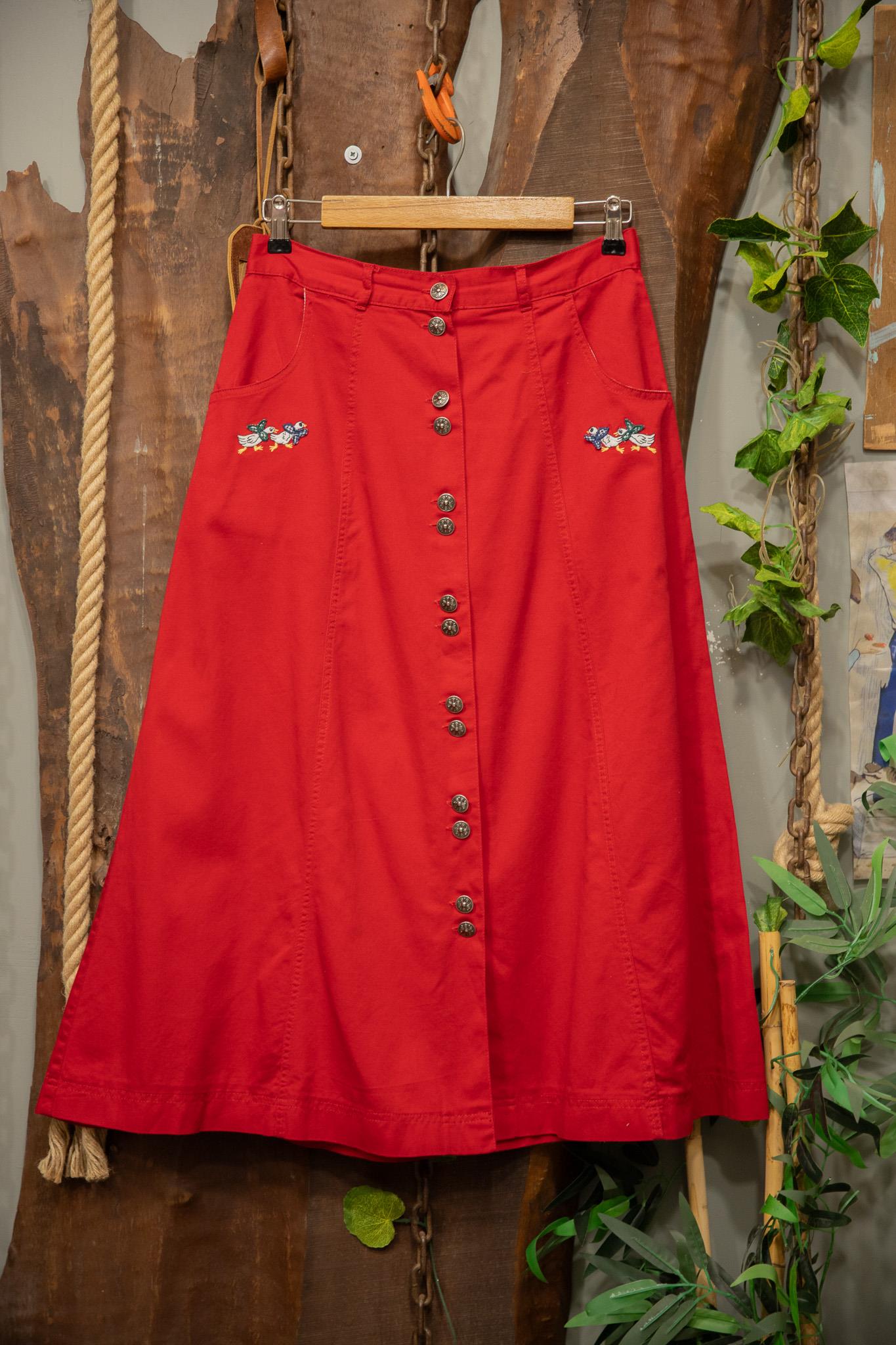 90s Cherry Red Nakışlı Canvas Etek