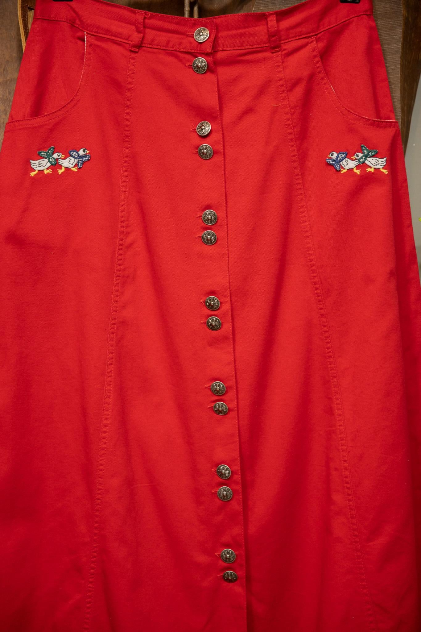 90s Cherry Red Nakışlı Canvas Etek