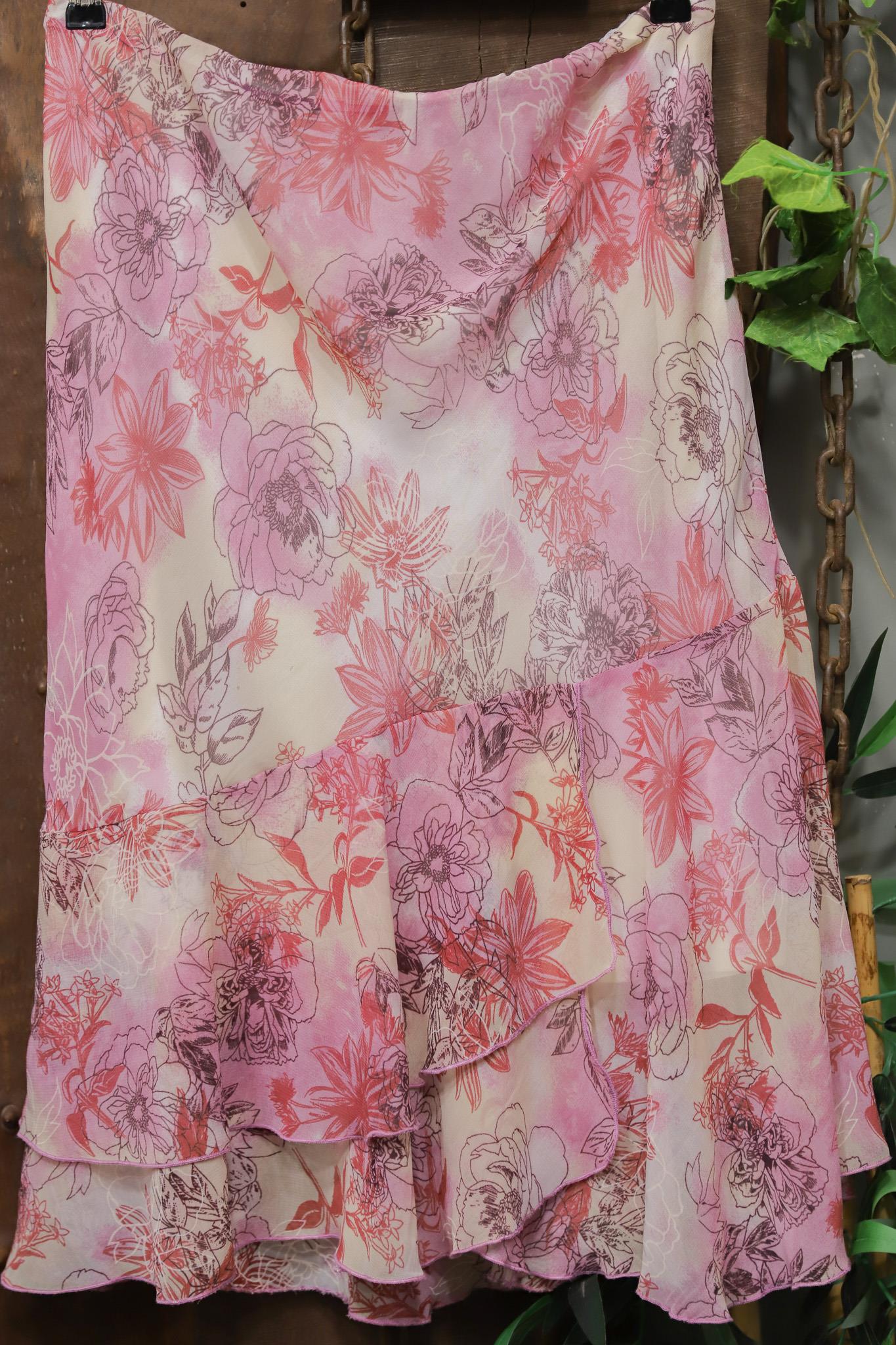 90s Floral Şifon Midi Etek