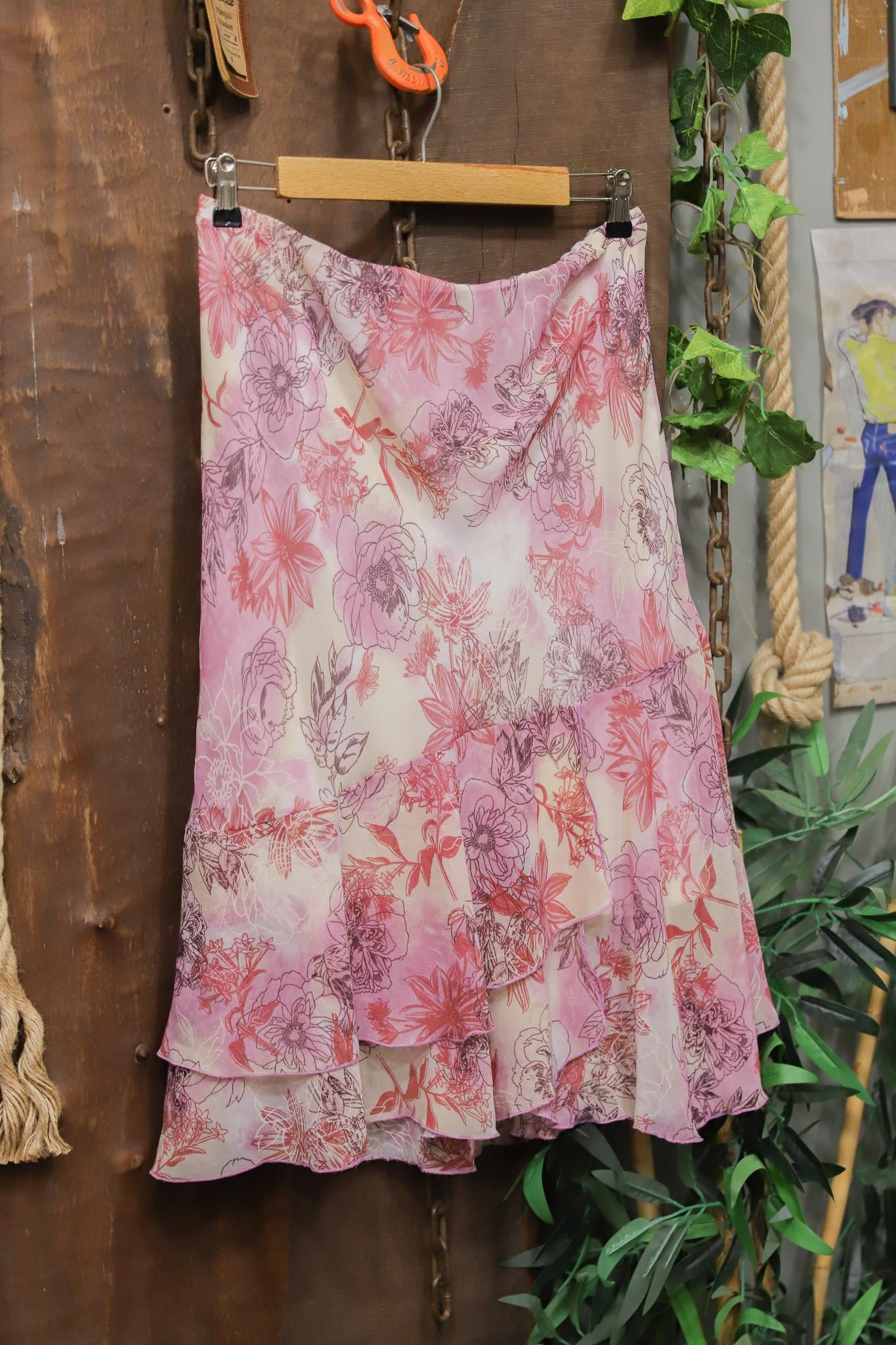 90s Floral Şifon Midi Etek