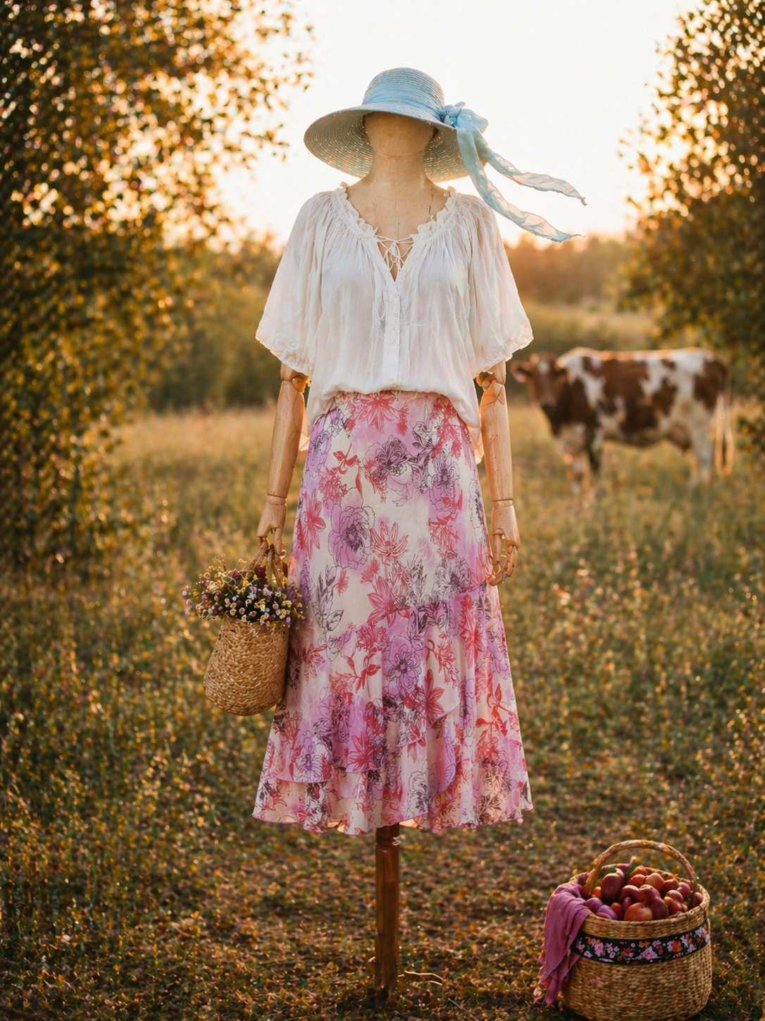90s Floral Şifon Midi Etek