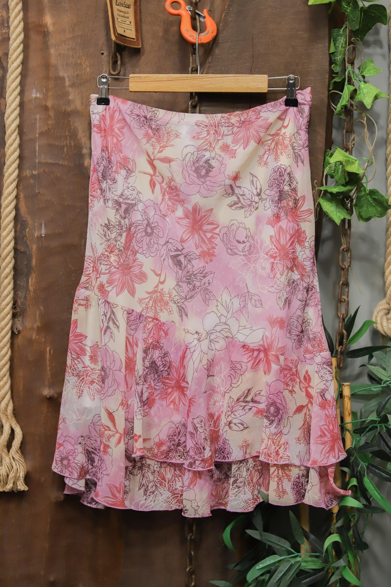 90s Floral Şifon Midi Etek