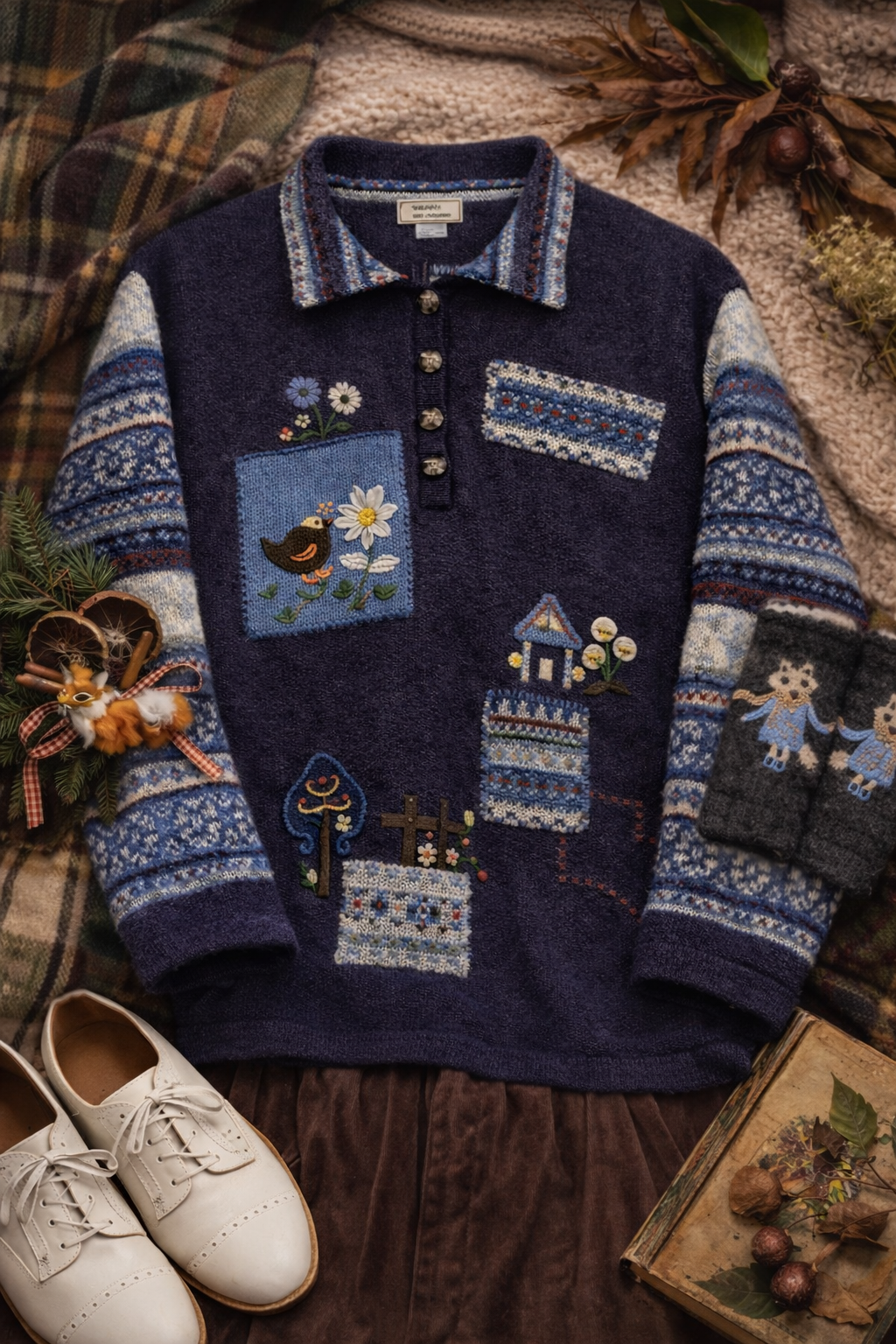 90s Navy VIP Nakışlı Kazak