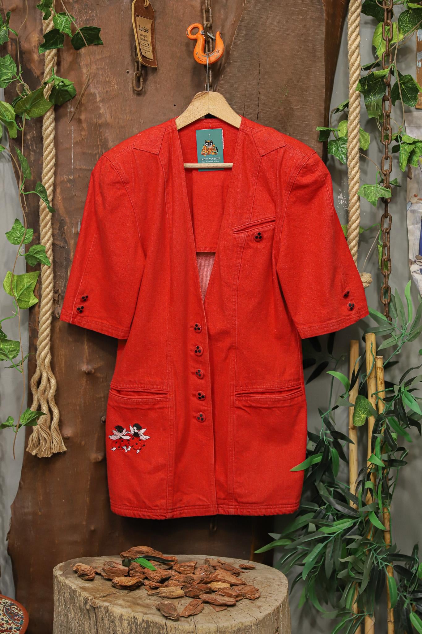 90s Playful Artistic Red Denim Ceket