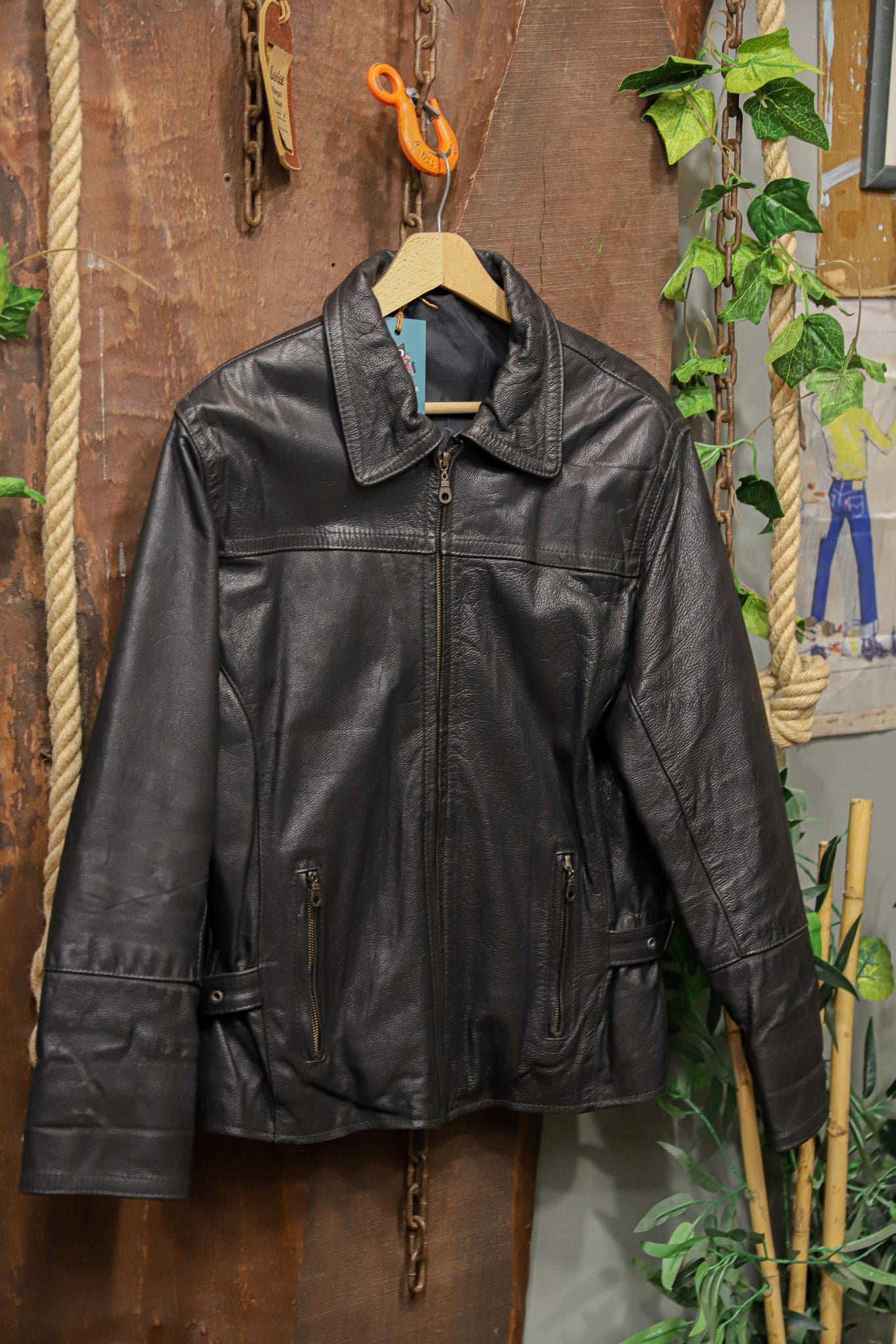 90s Yakalı Black Biker Deri Ceket