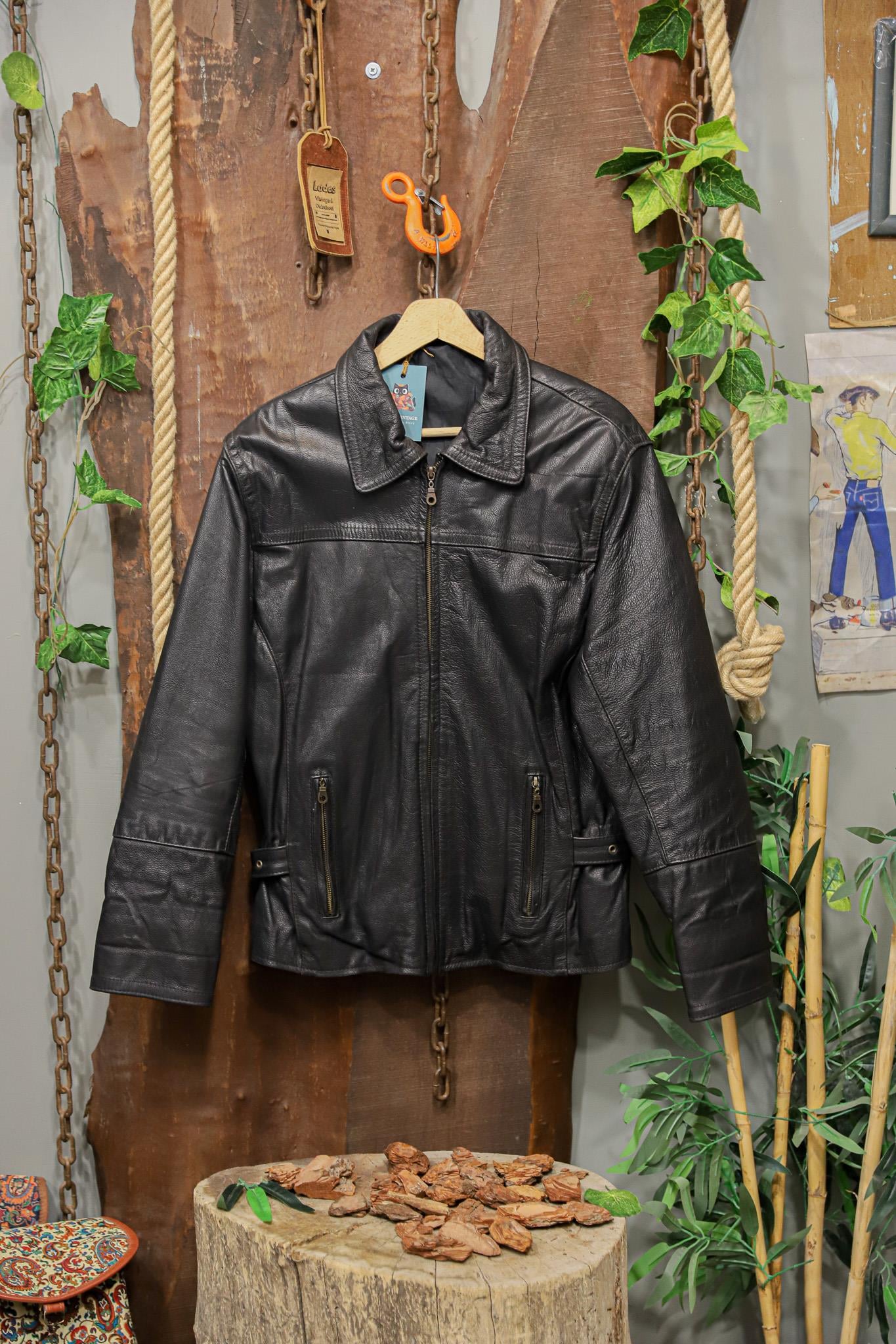 90s Yakalı Black Biker Deri Ceket