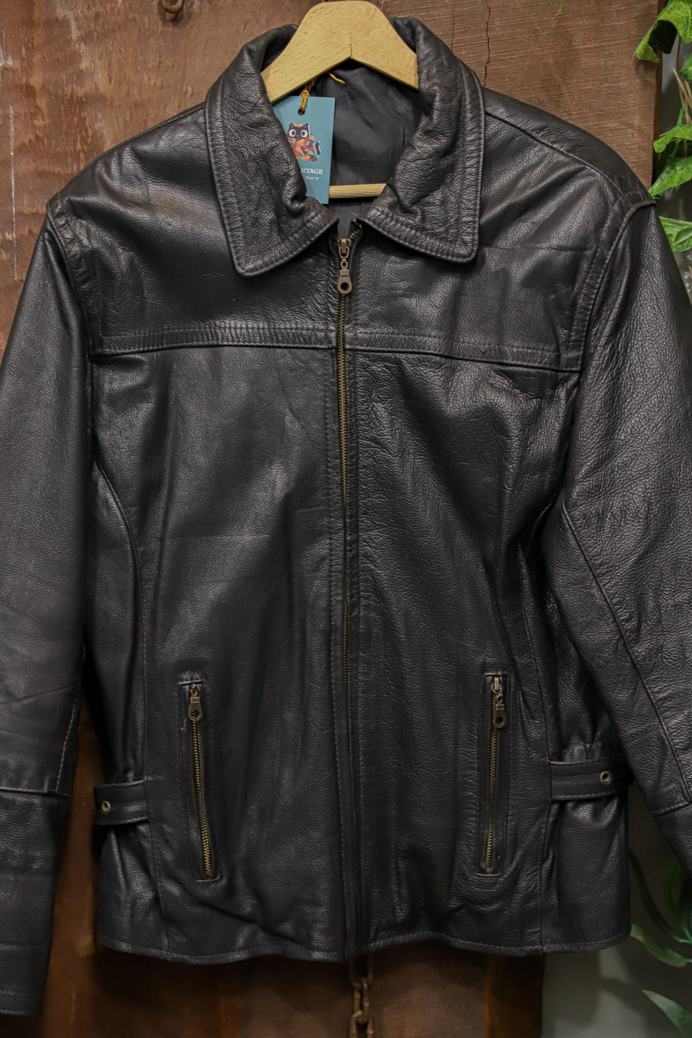 90s Yakalı Black Biker Deri Ceket