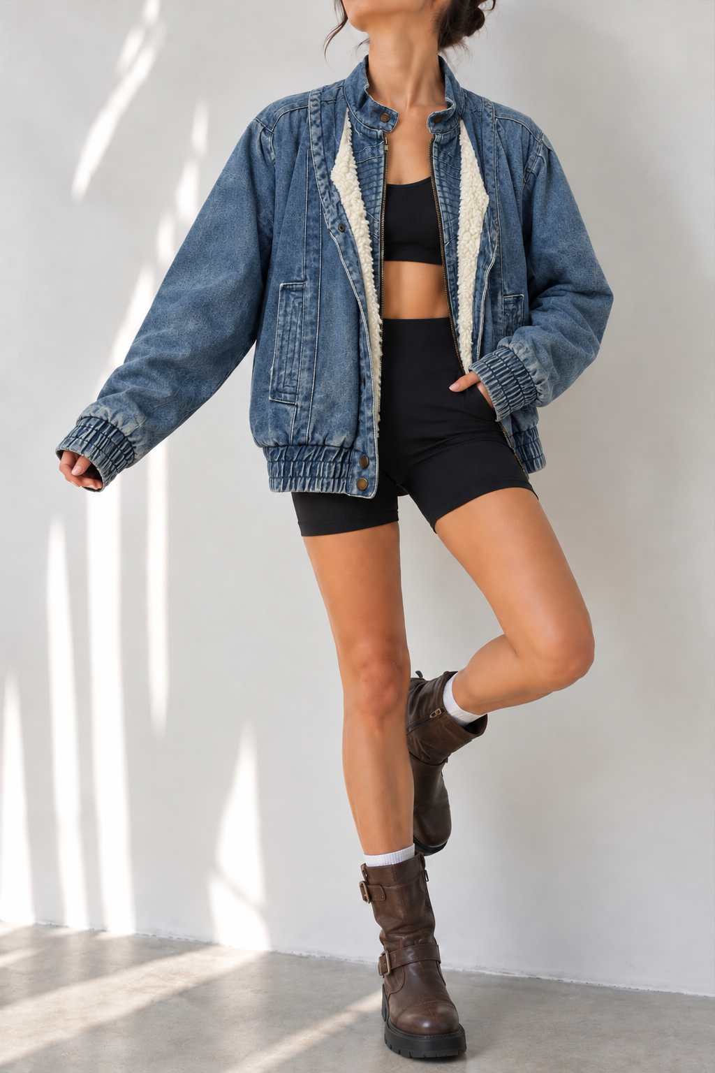 Acid Wash İçi Kürklü Bomber Kot Ceket