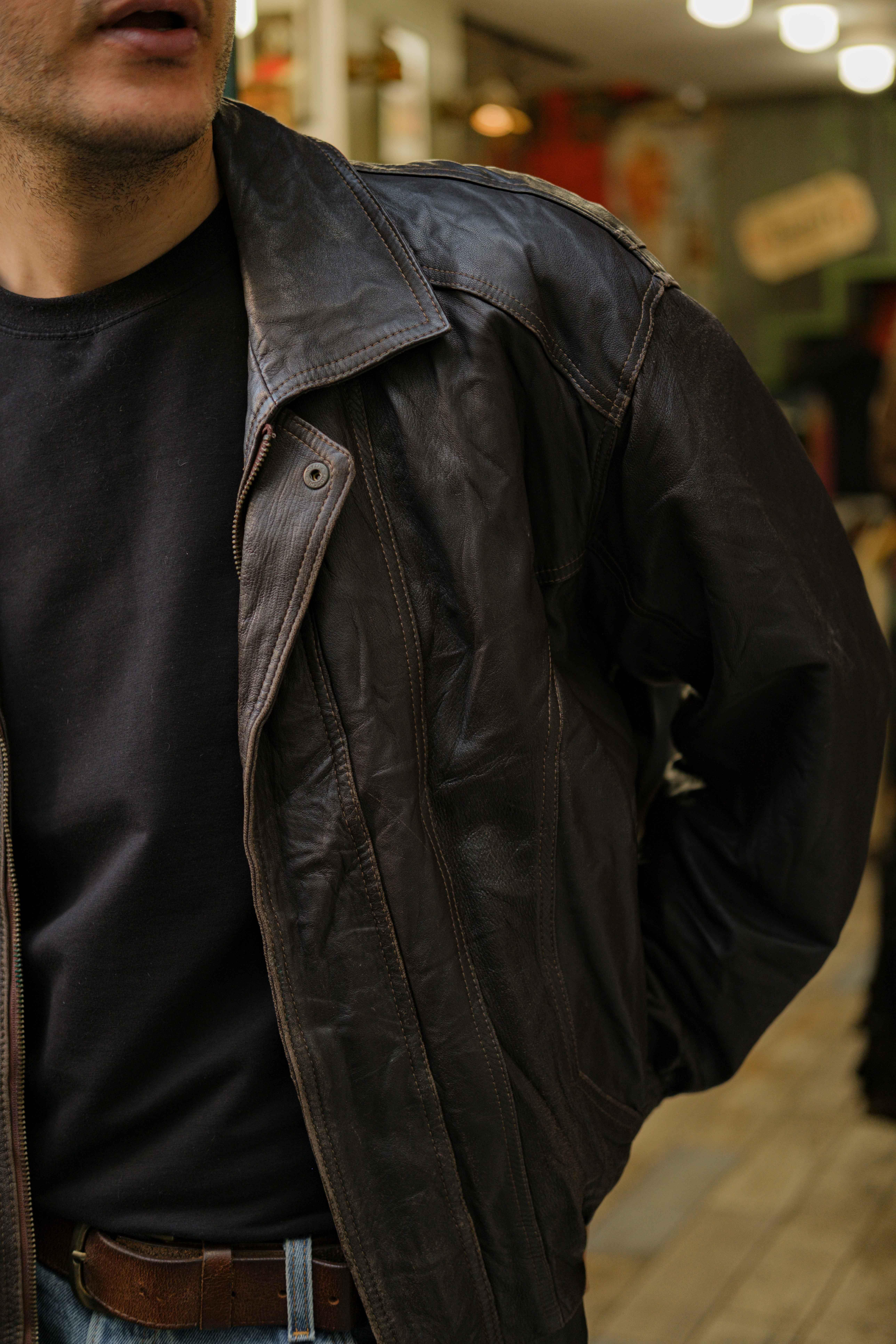 Brown Vintage Bomber Unisex Deri Ceket