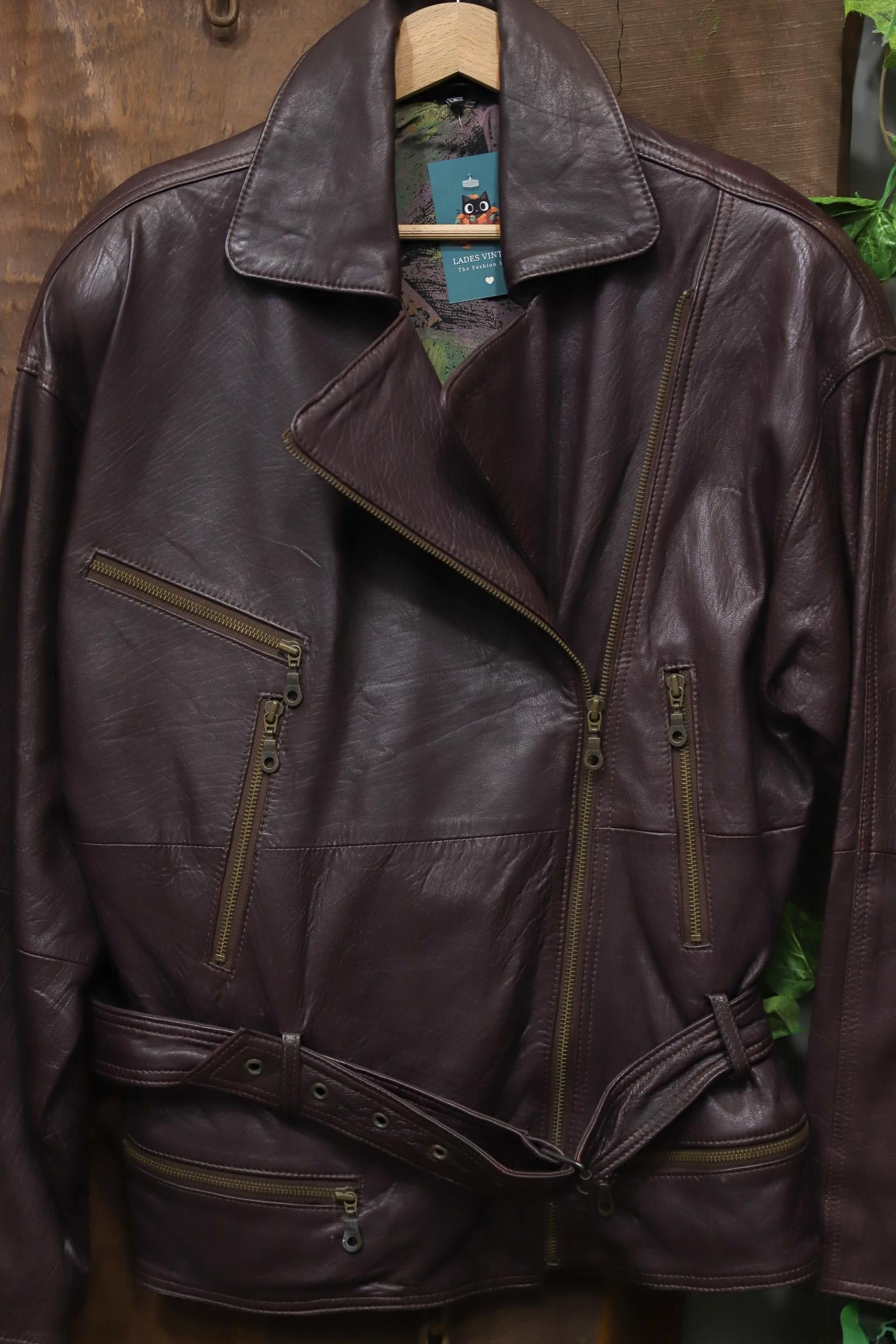 Burgundy Kemerli Biker Deri Ceket