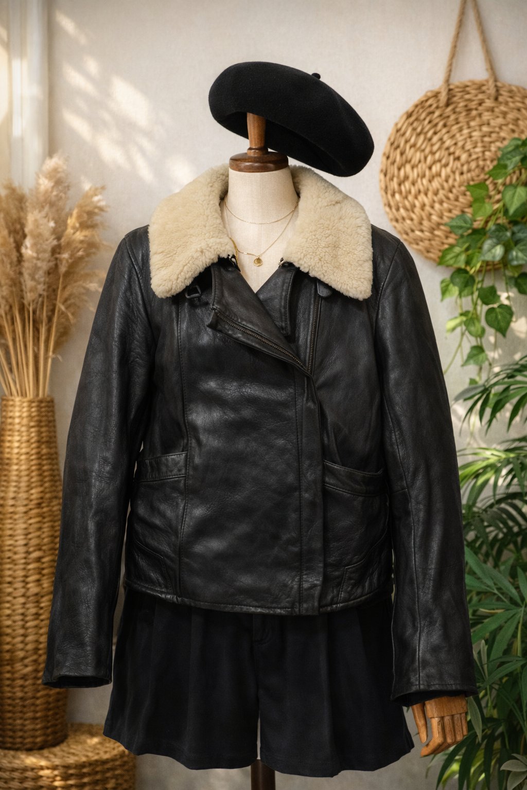 Kürk Yaka Classic Biker Deri Ceket