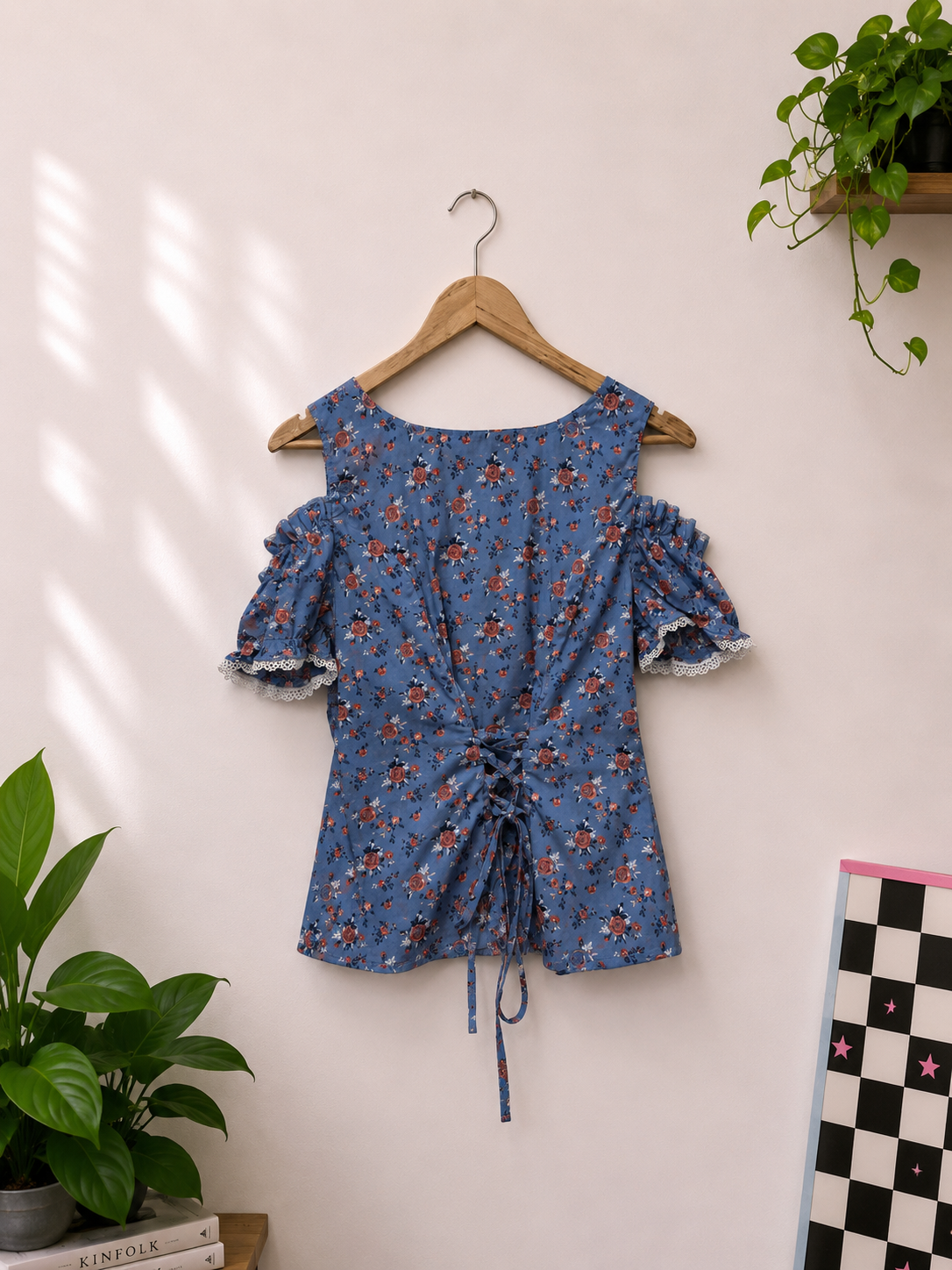 Lace Trimmed Blue Blouse