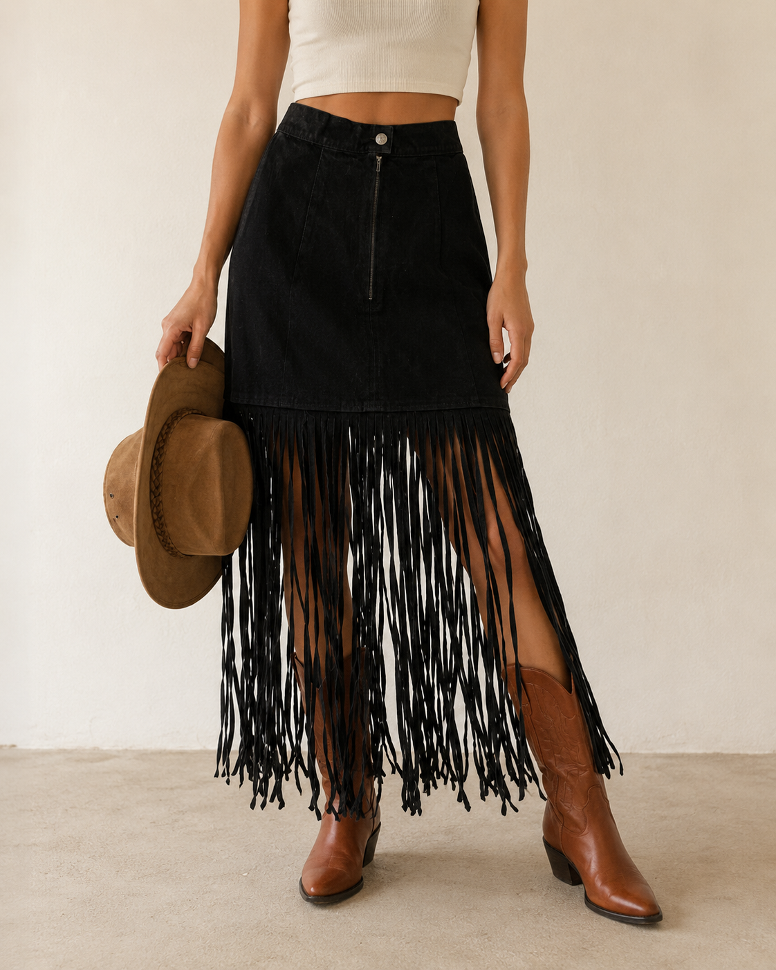 Püsküllü Western Black Suede Etek