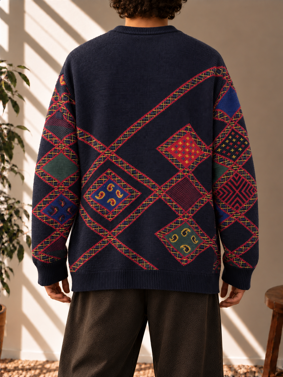 Şal Desenli Oversize Preppy Kazak