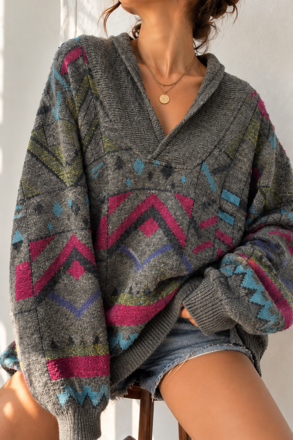 V Yaka Kırçıllı Oversize Kazak