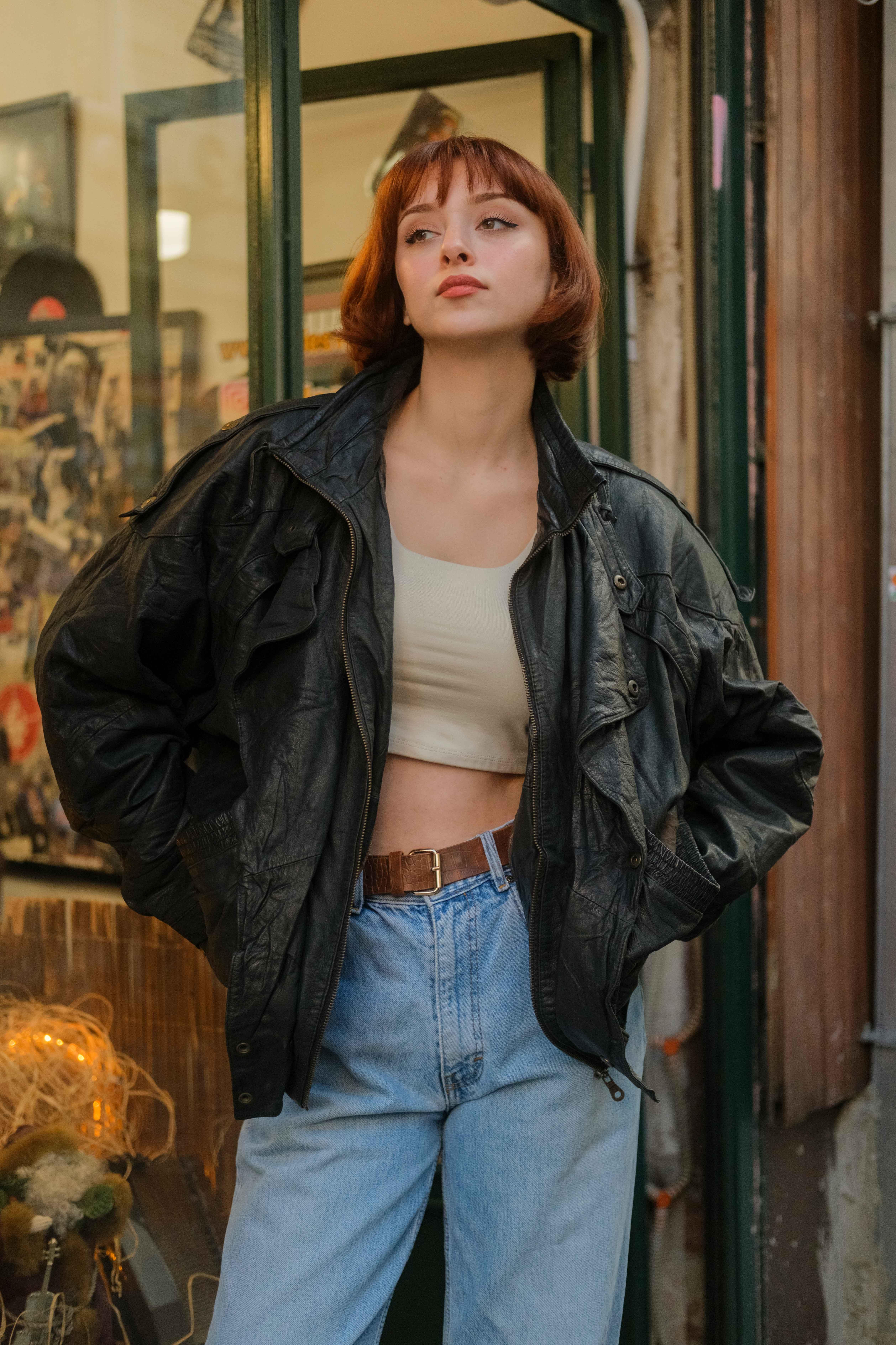 Vintage Black Bomber Deri Ceket