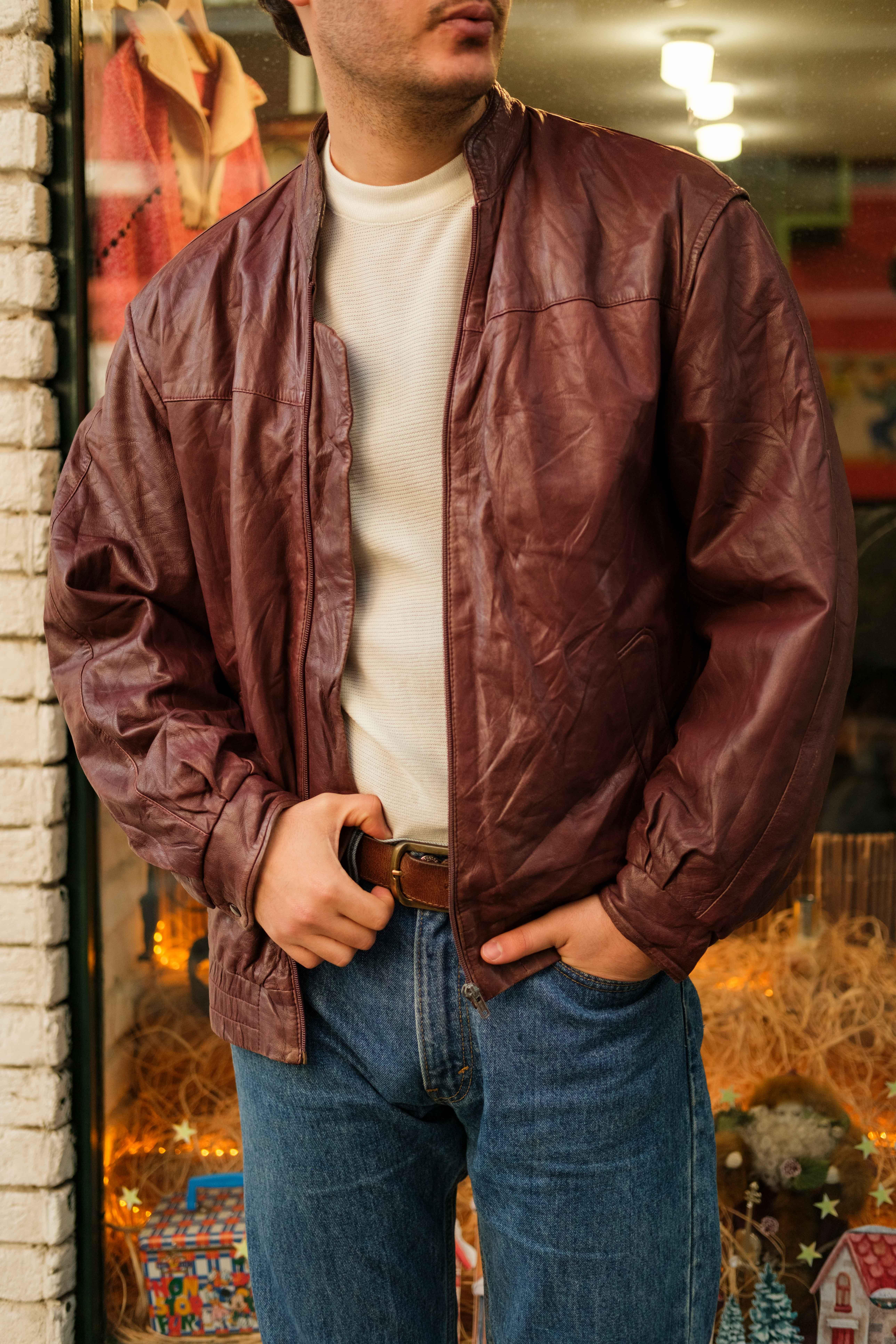 Vintage Bordo Renk Unisex Bomber Deri Ceket
