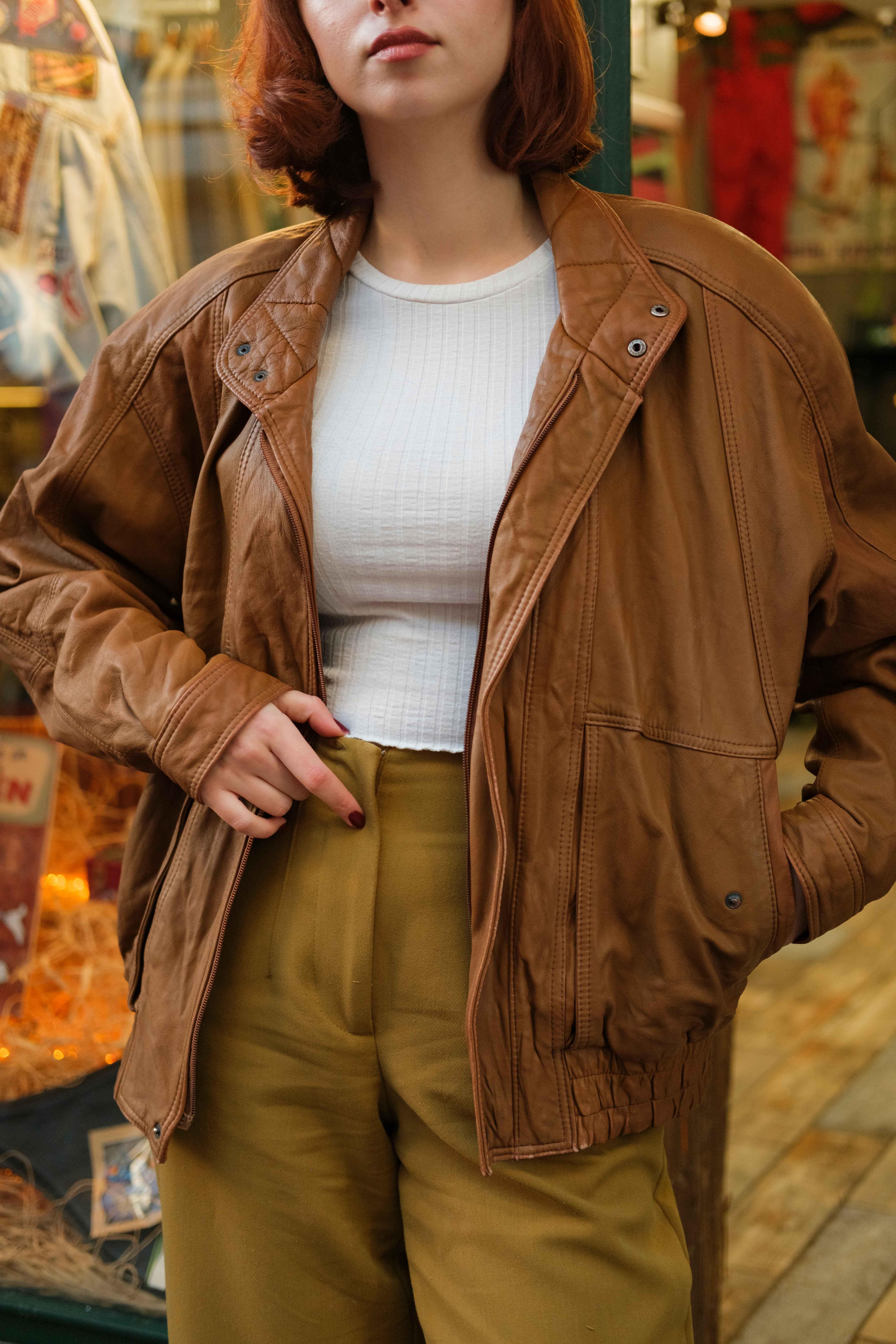 Vintage Camel Renk Bomber Unisex Deri Ceket