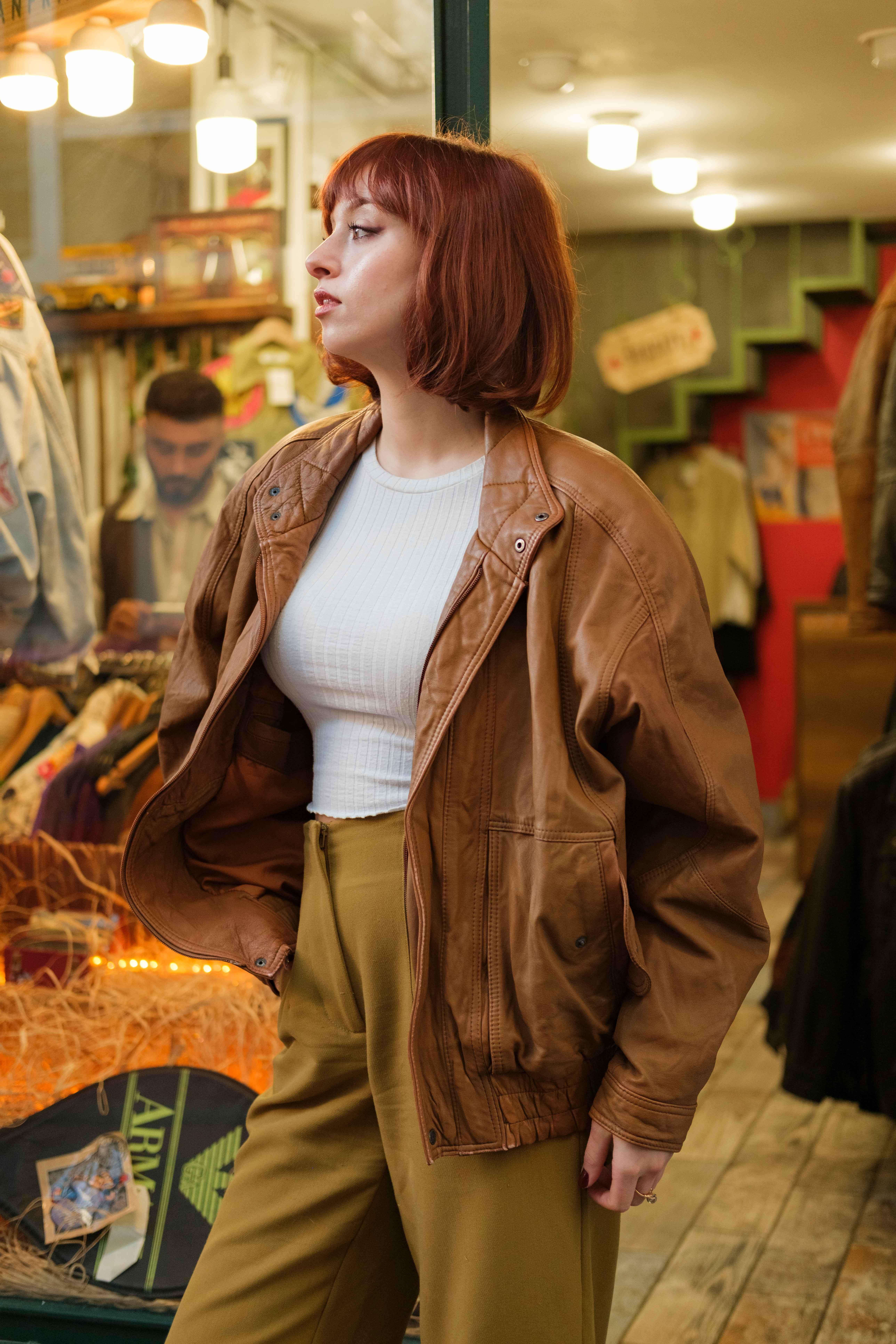 Vintage Camel Renk Bomber Unisex Deri Ceket