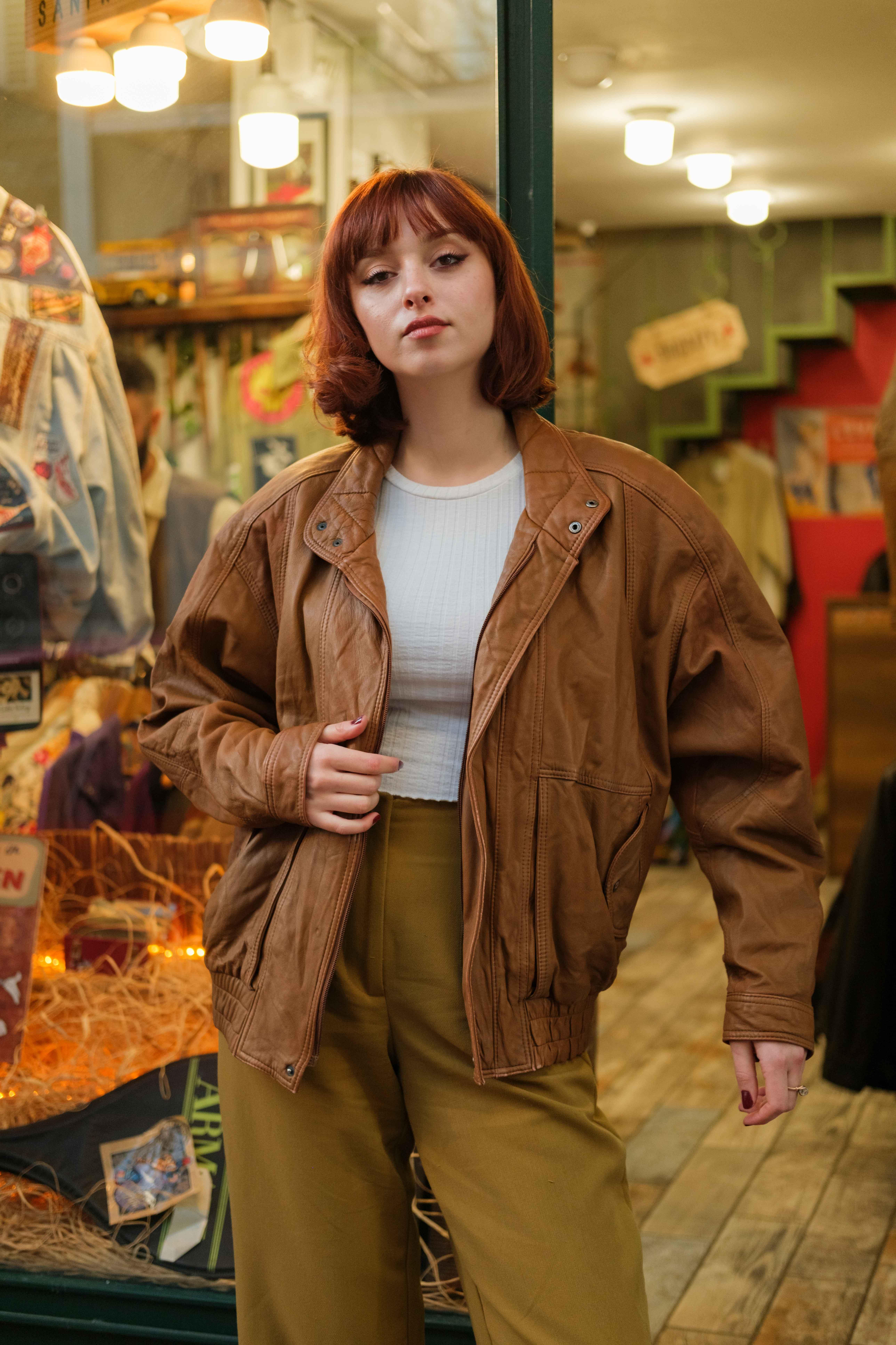Vintage Camel Renk Bomber Unisex Deri Ceket