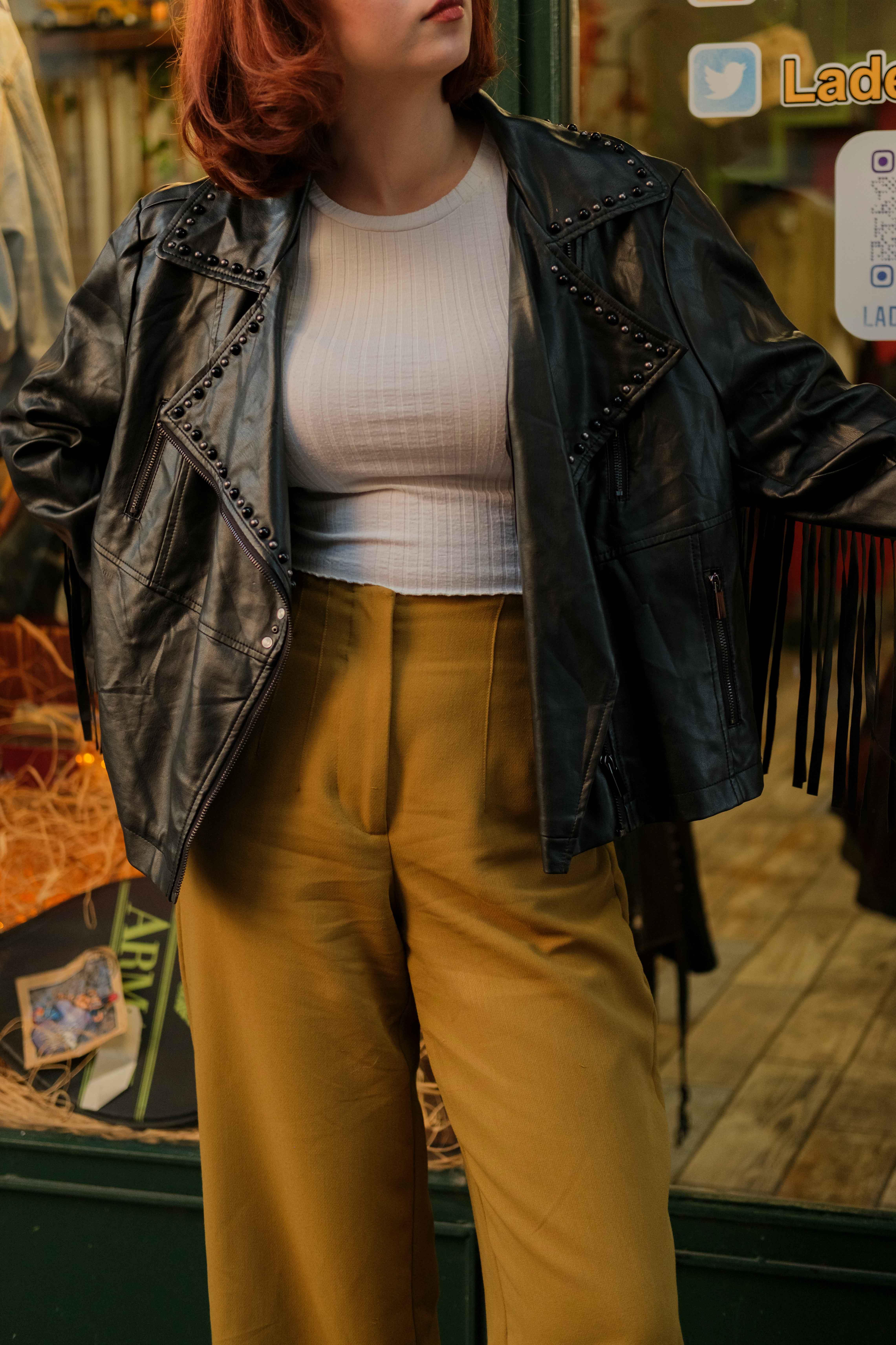 Vintage Cowboy Biker Model Püsküllü Kadın Deri Ceket