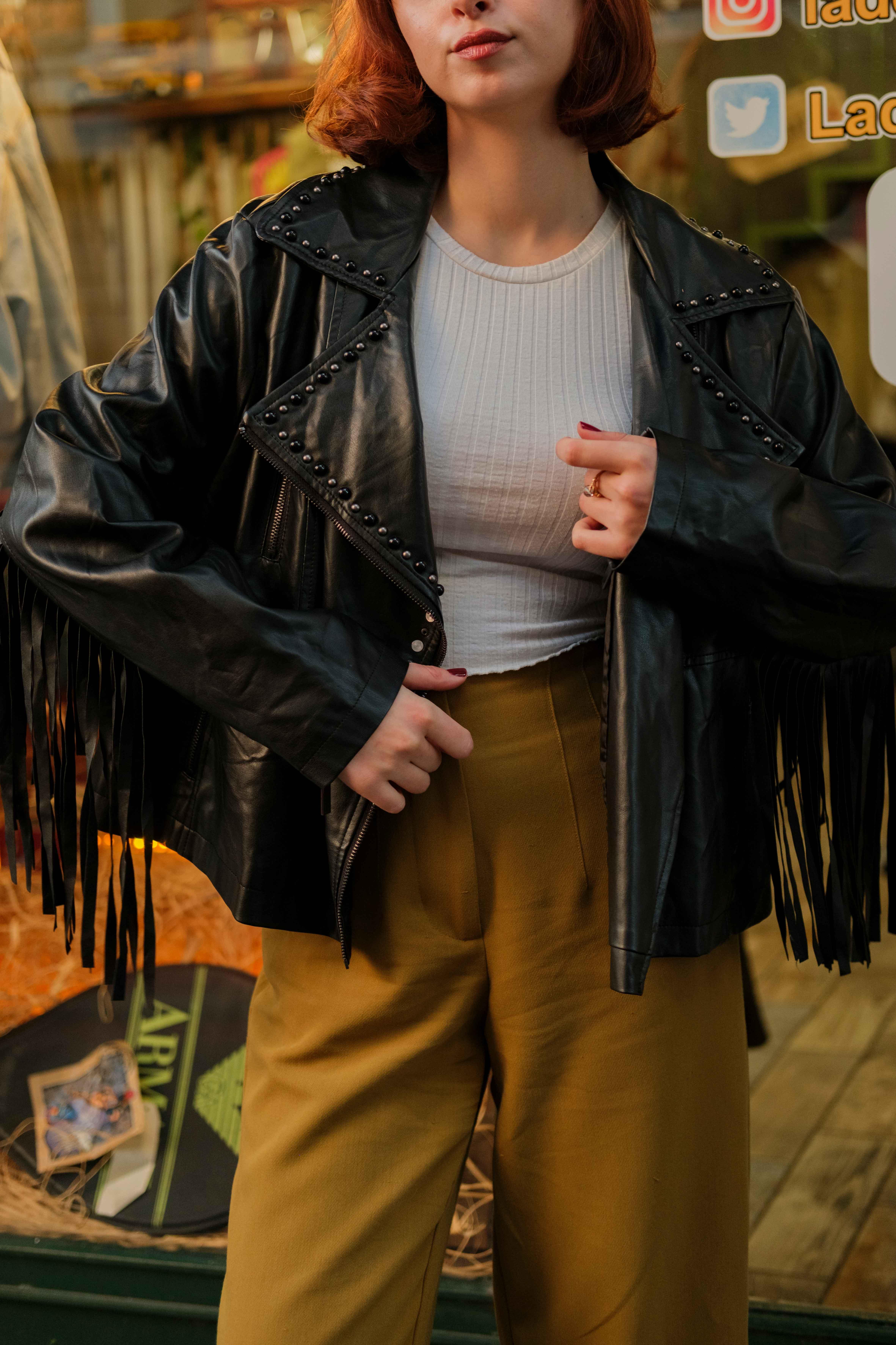 Vintage Cowboy Biker Model Püsküllü Kadın Deri Ceket