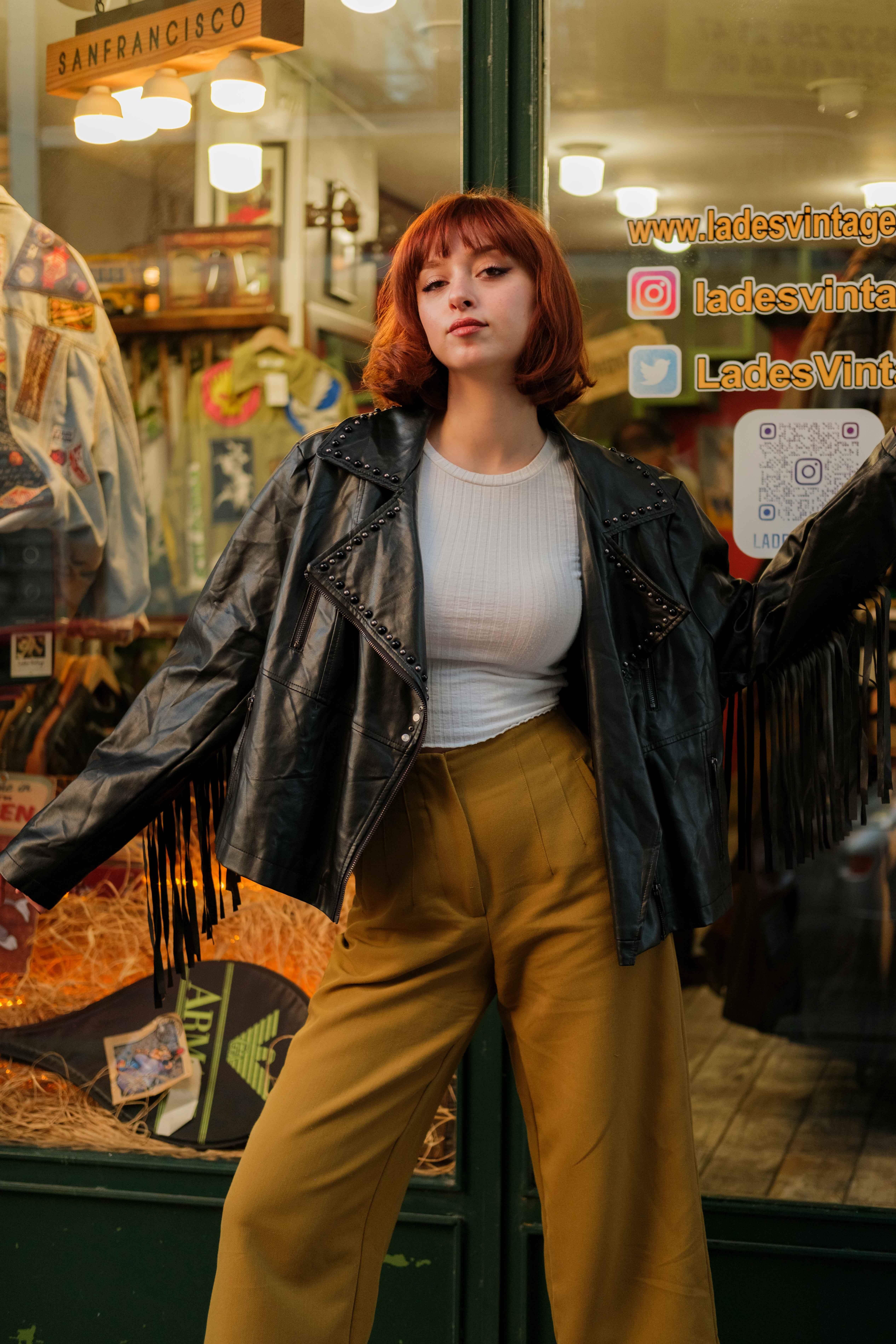 Vintage Cowboy Biker Model Püsküllü Kadın Deri Ceket
