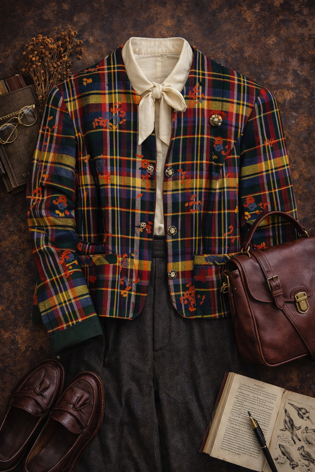 Vintage Ekose Çiçekli Ceket