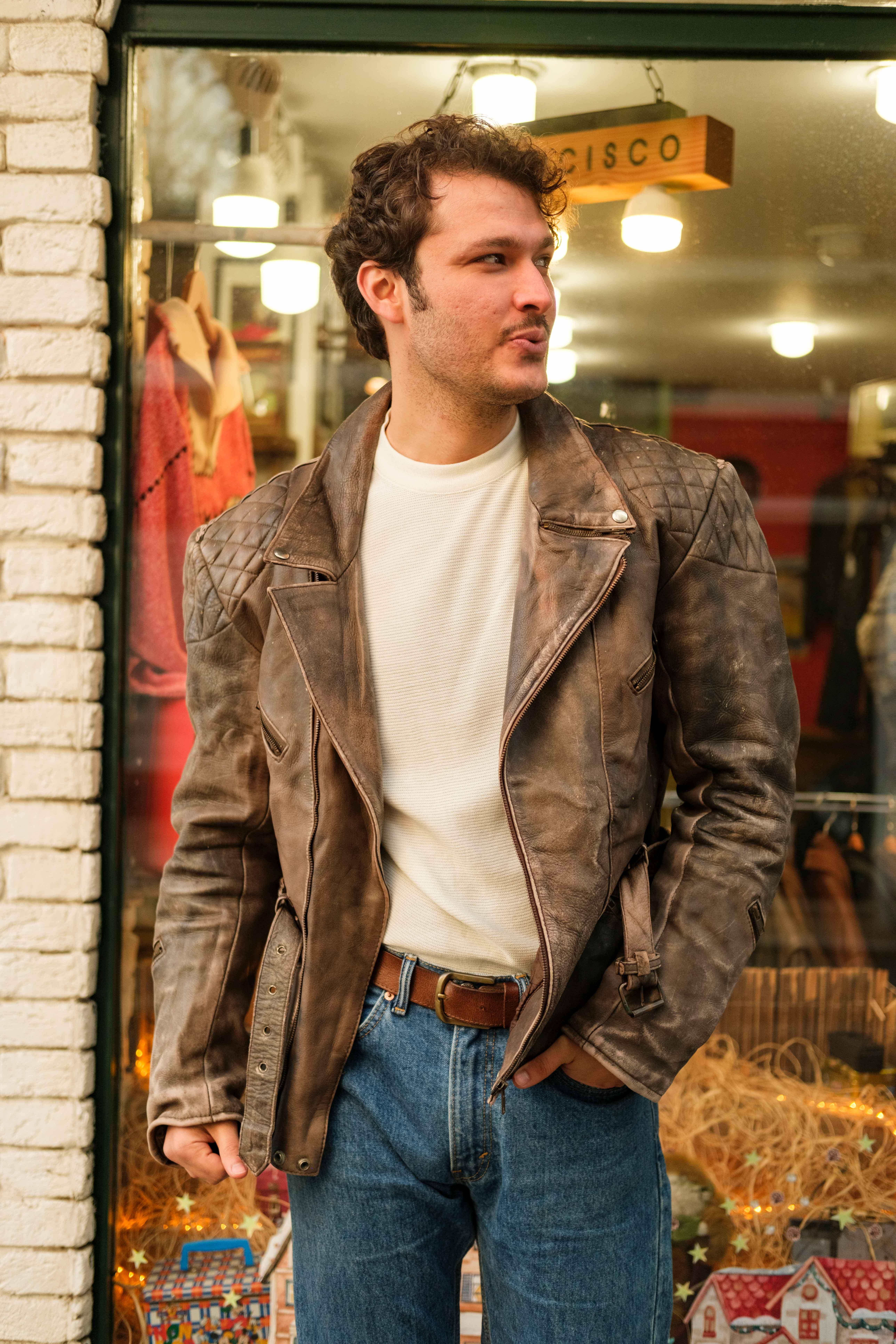 Vintage Eskitme Biker Deri Ceket