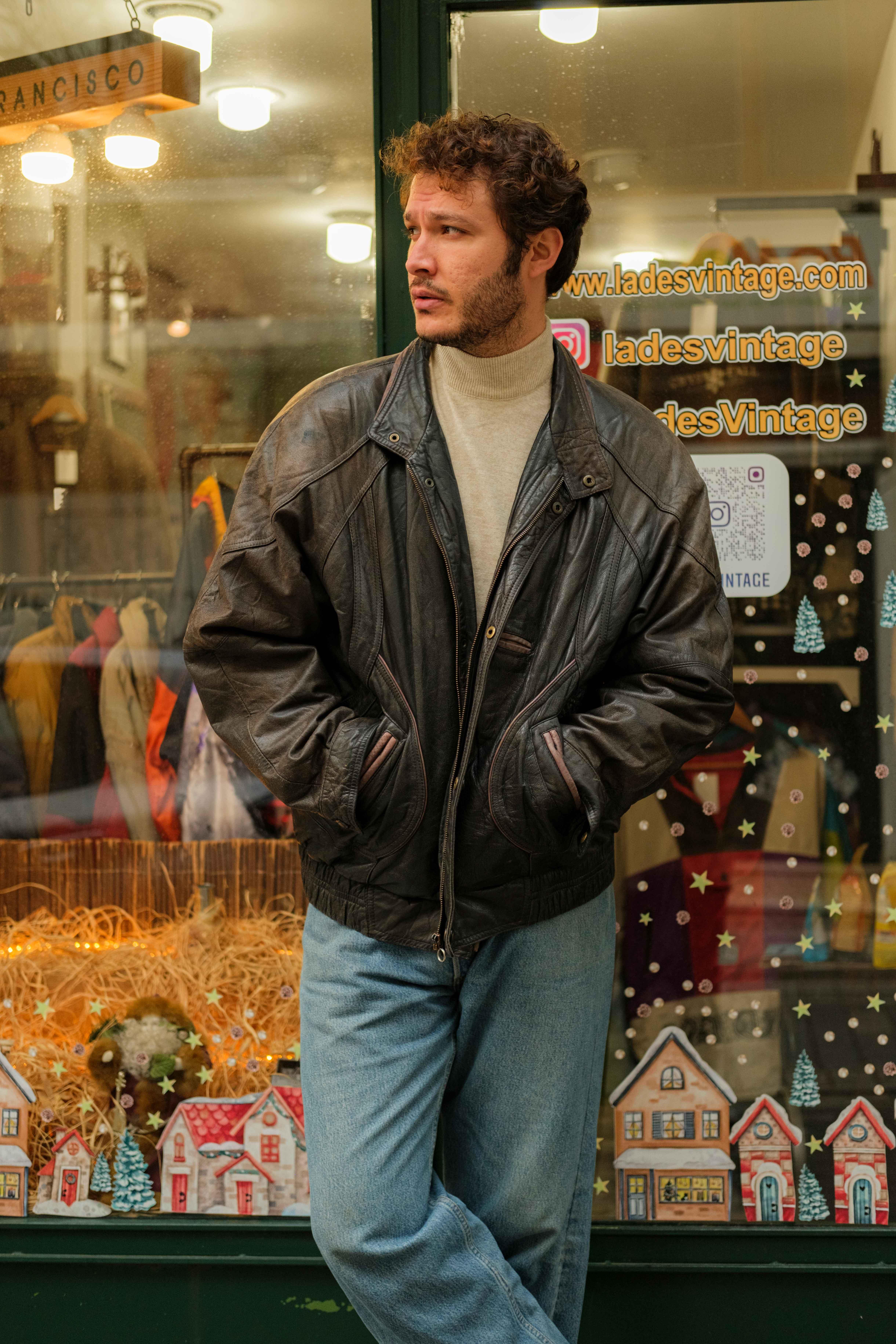 Vintage Eskitme İç Astar Detaylı Bomber Unisex Deri Ceket
