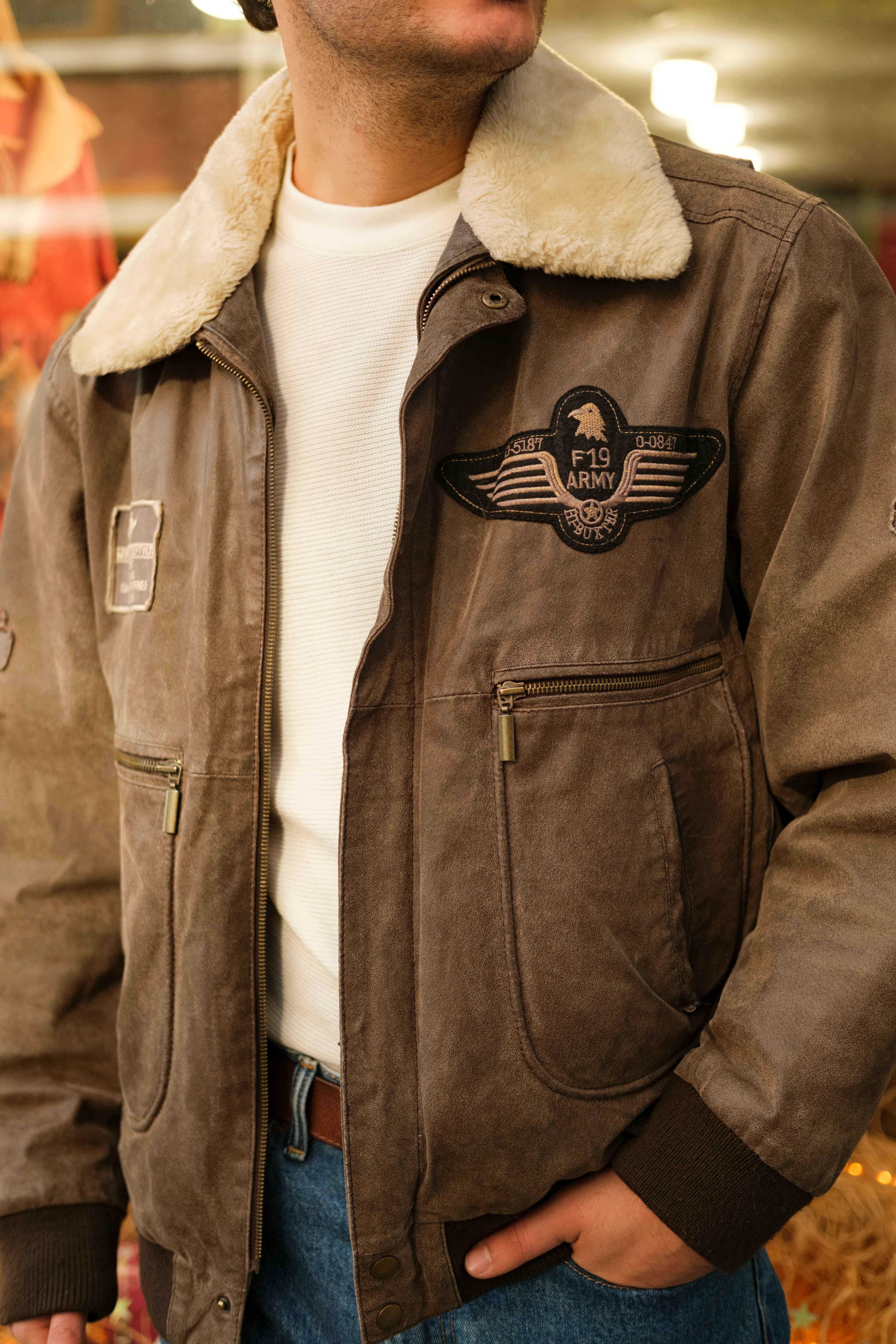 Vintage F19 ARMY Pilot Unisex Bomber Deri Ceket