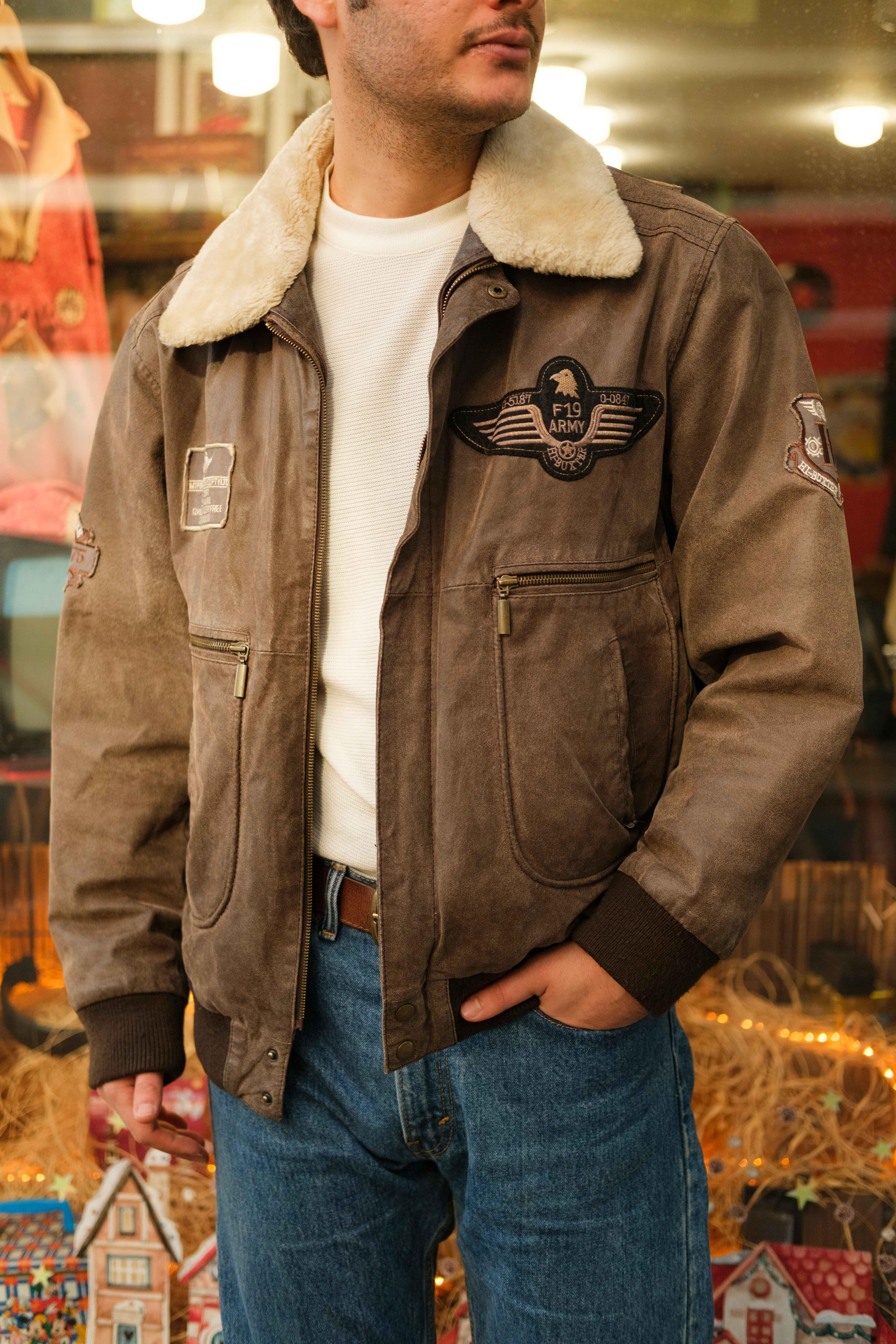 Vintage F19 ARMY Pilot Unisex Bomber Deri Ceket