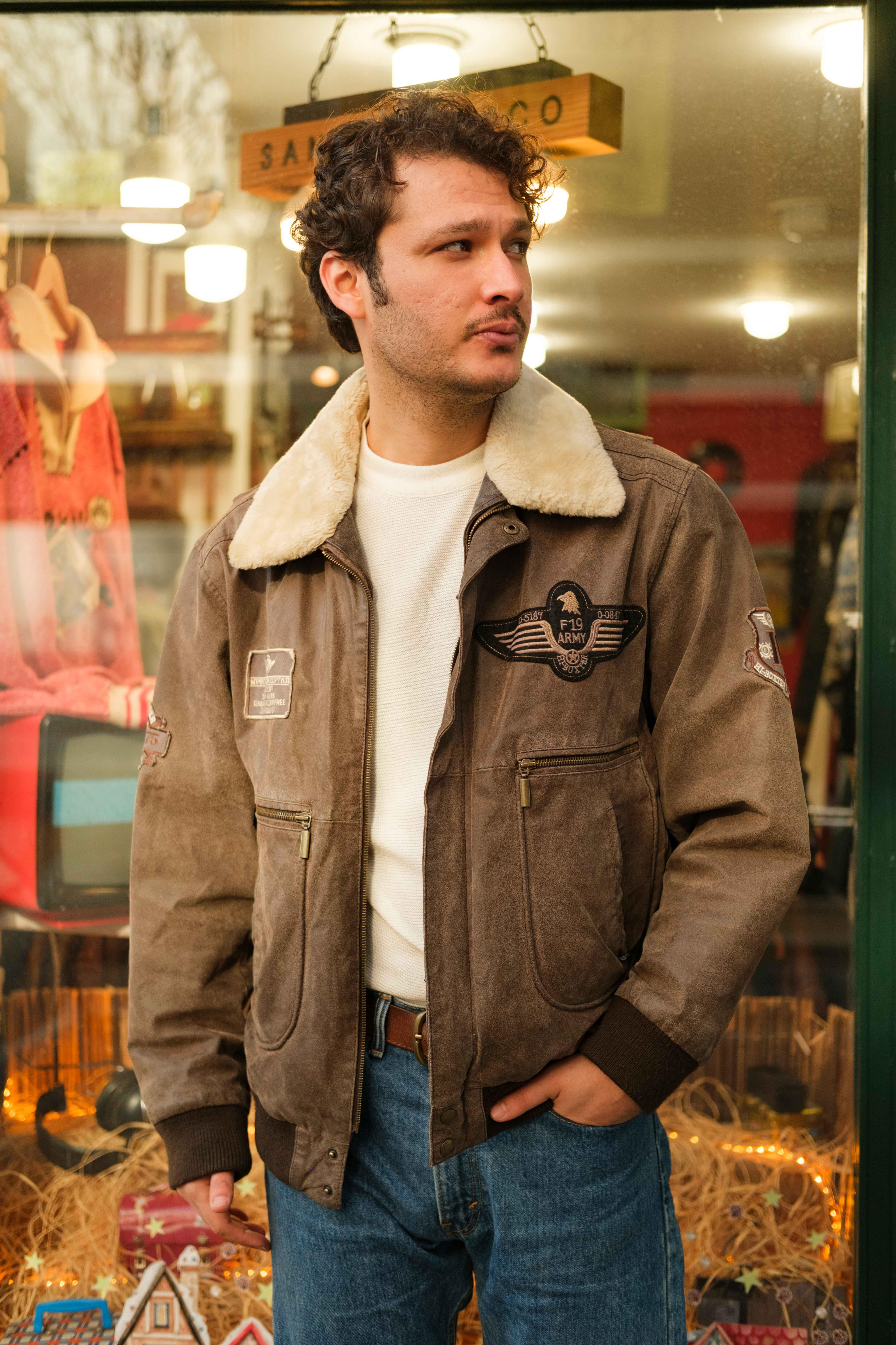 Vintage F19 ARMY Pilot Unisex Bomber Deri Ceket