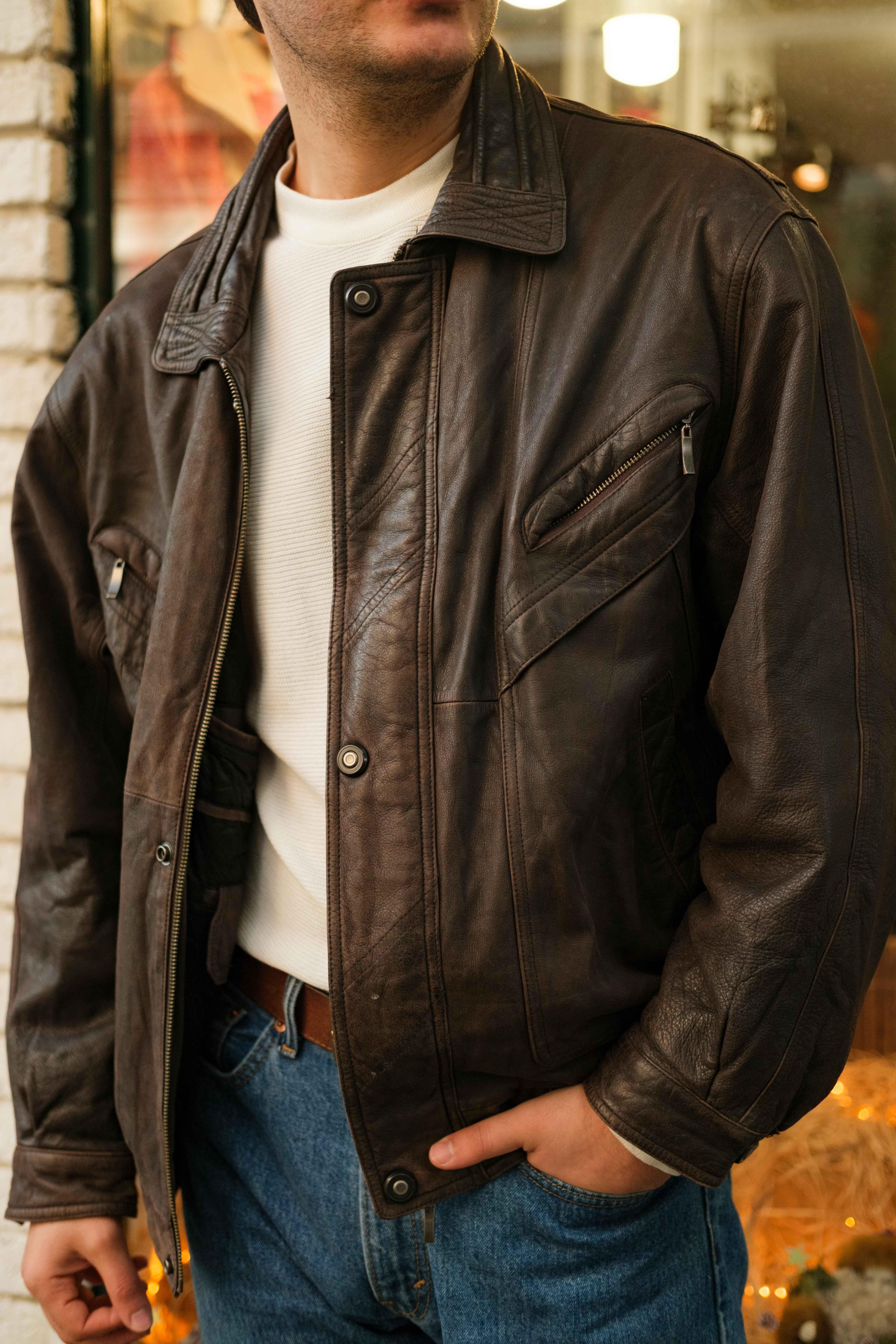 Vintage Kahve Renk Bomber Model Unisex Deri Ceket