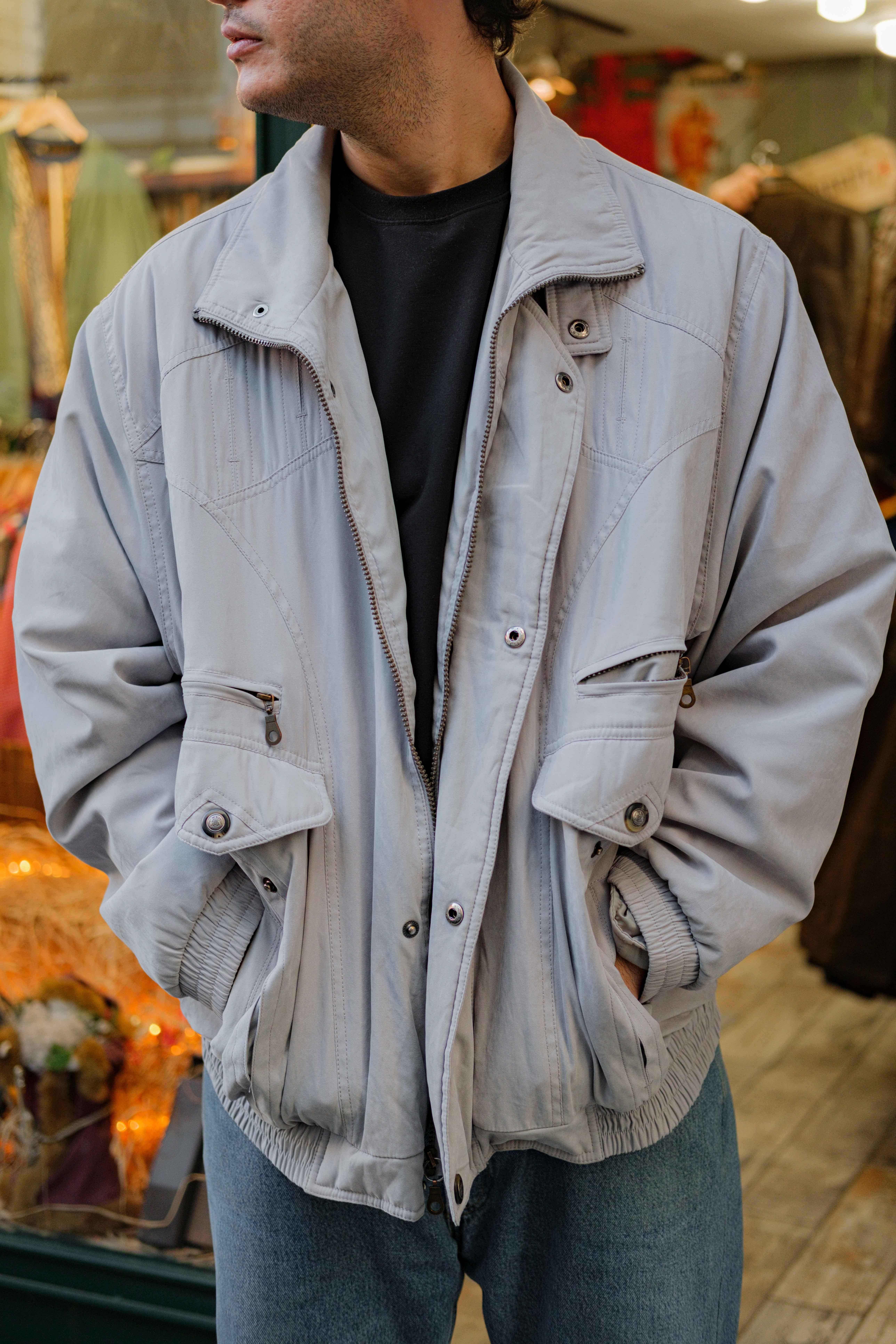 Vintage Unisex Bej Bomber Ceket