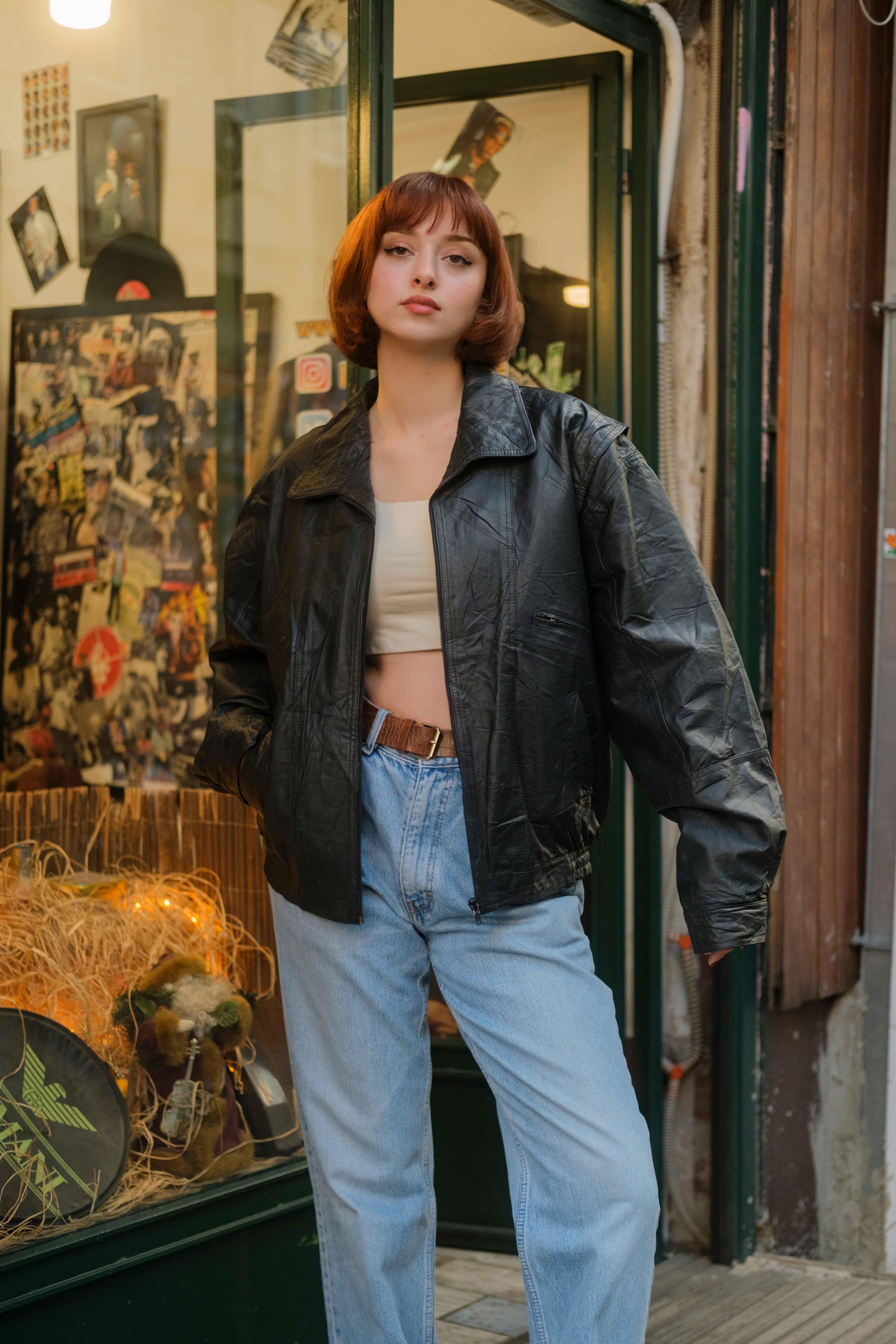 Vintage Unisex Bomber Deri Ceket