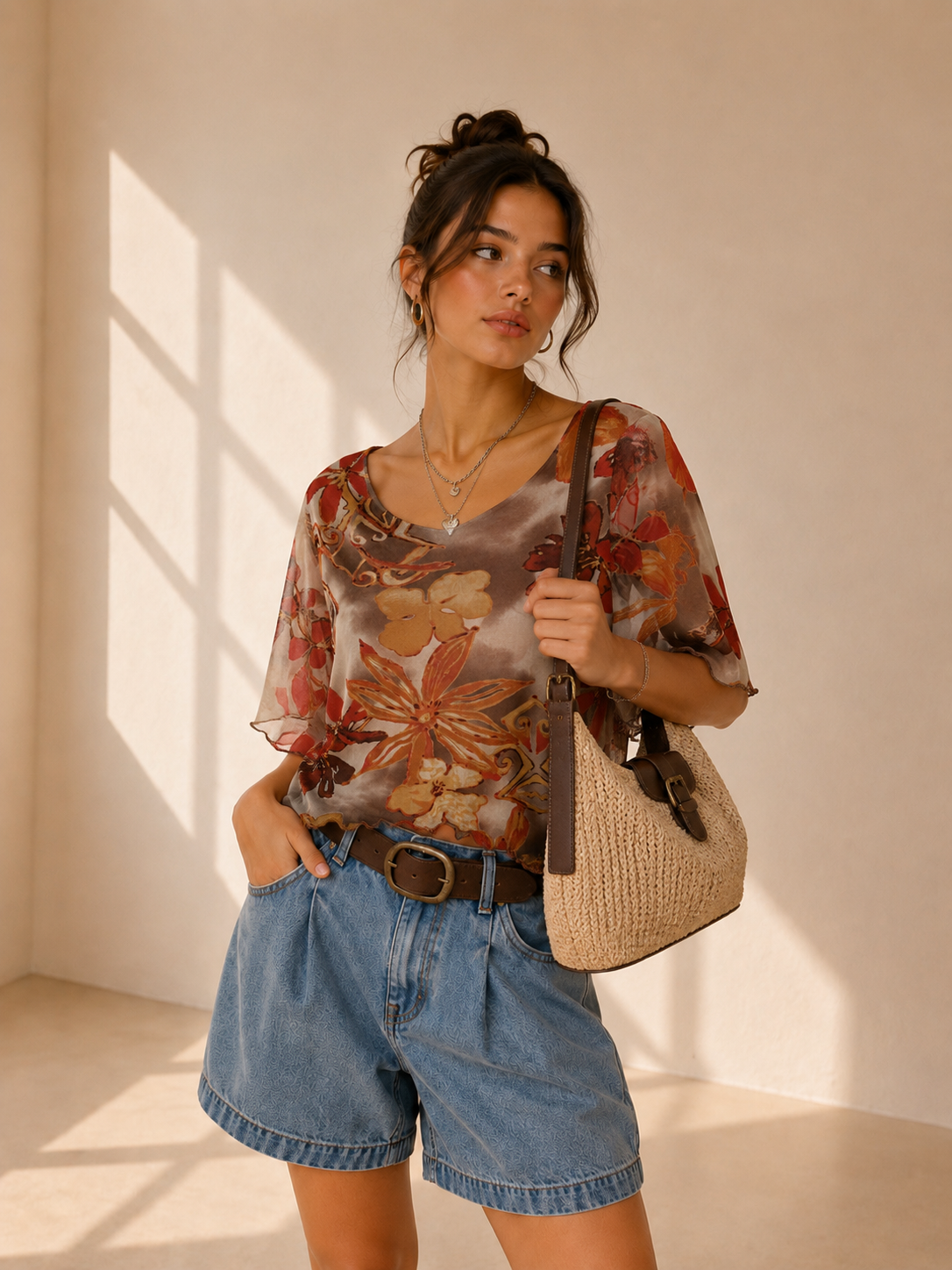 Y2K Floral Tül Bluz