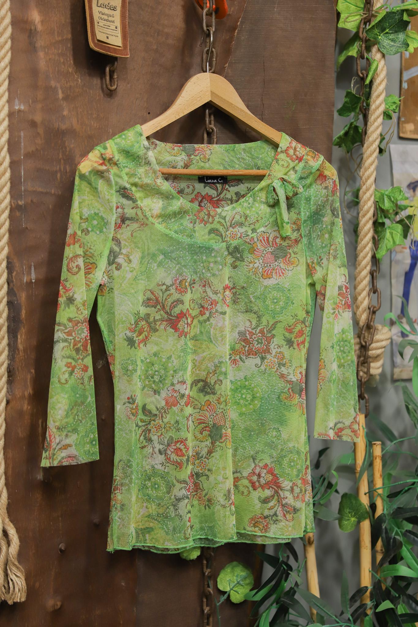 Y2K Green Boho Şifon Bluz