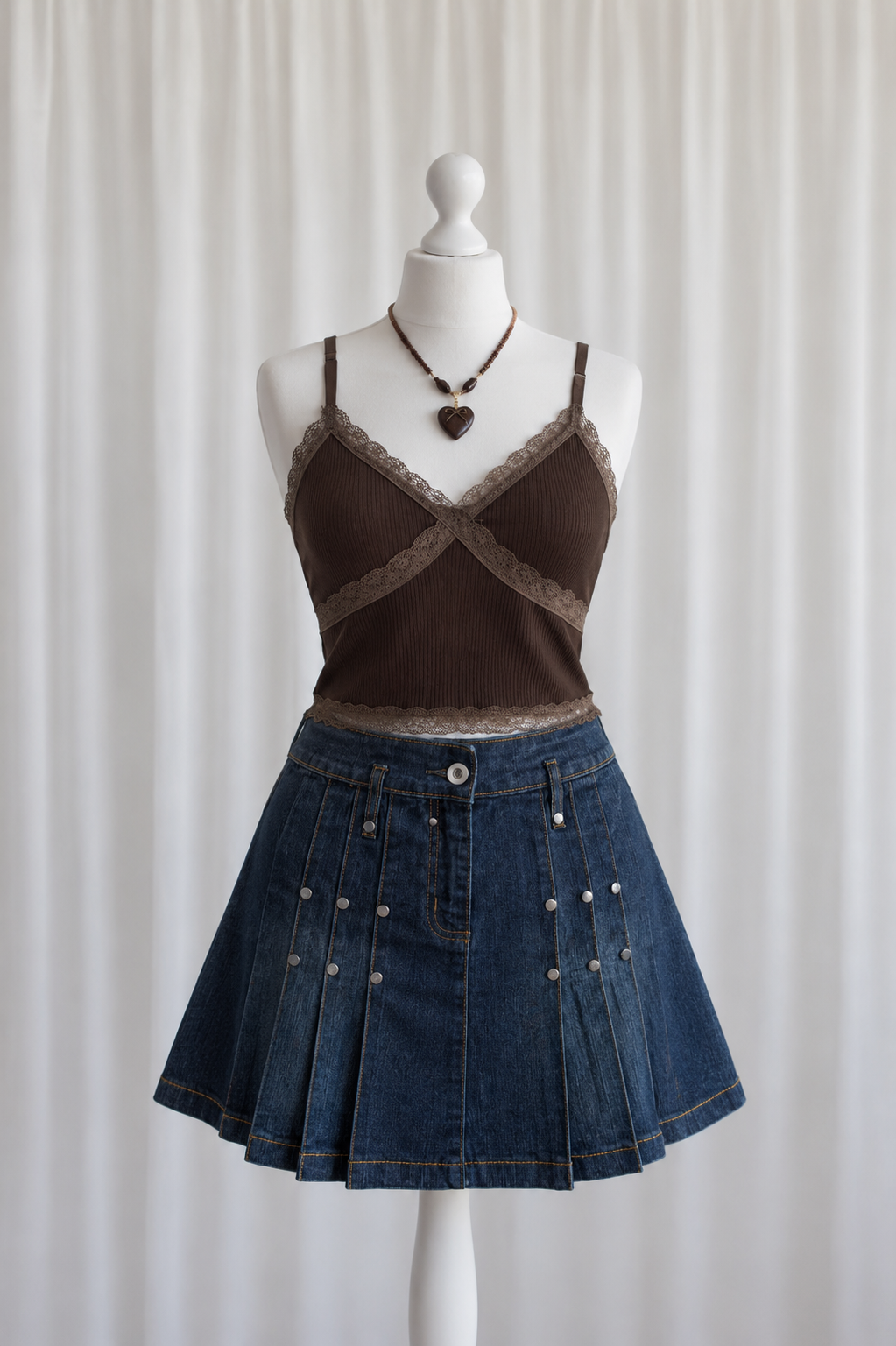 Y2K Kahve Fitilli Dantelli Crop Bluz